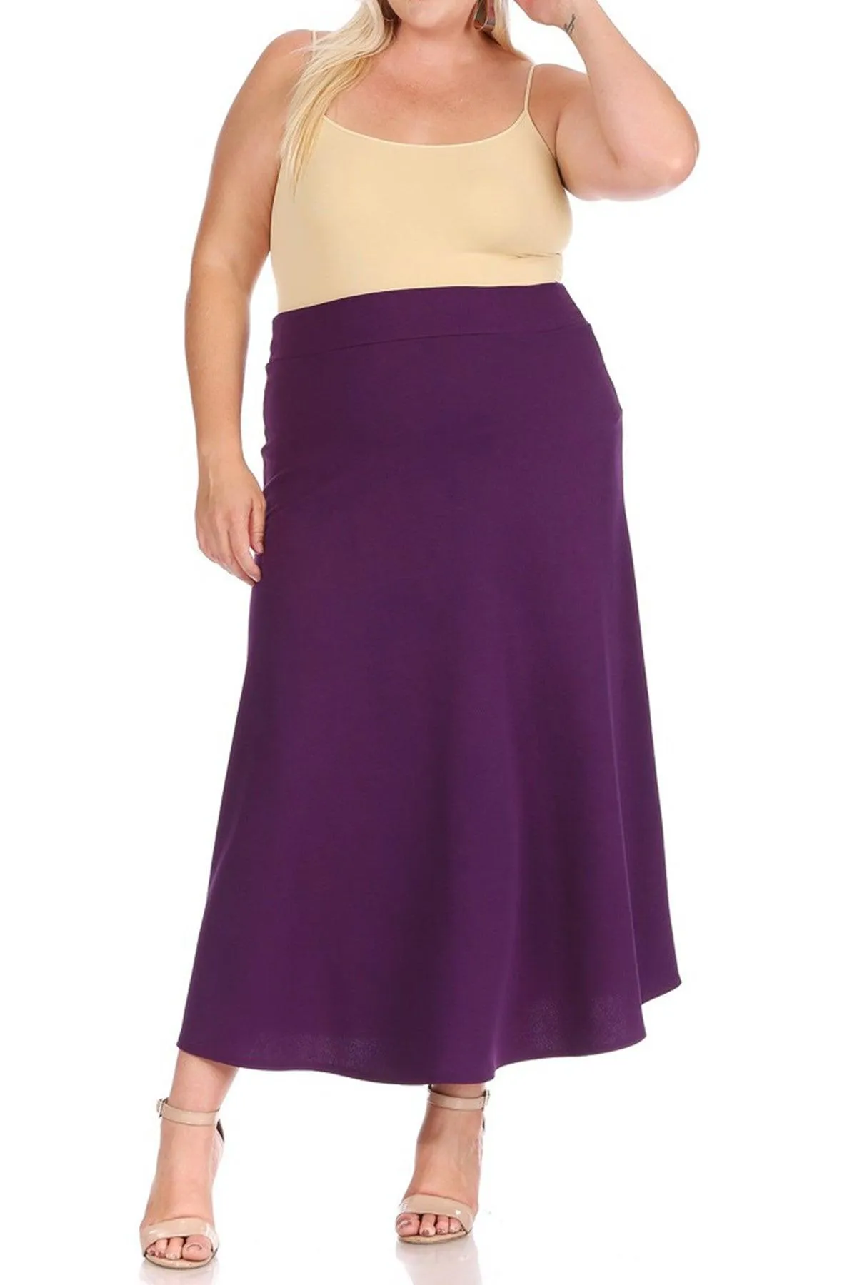 Women's Plus Size Solid High Waisted Flare A-line Midi Skirt with Elastic Waistband