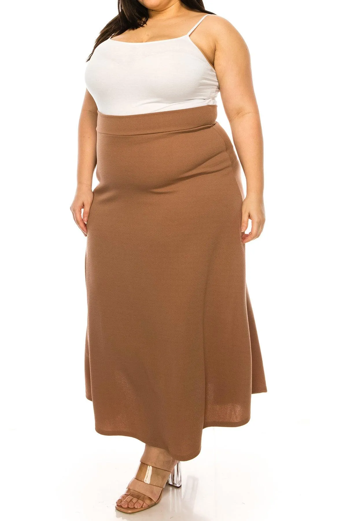 Women's Plus Size Solid High Waisted Flare A-line Midi Skirt with Elastic Waistband