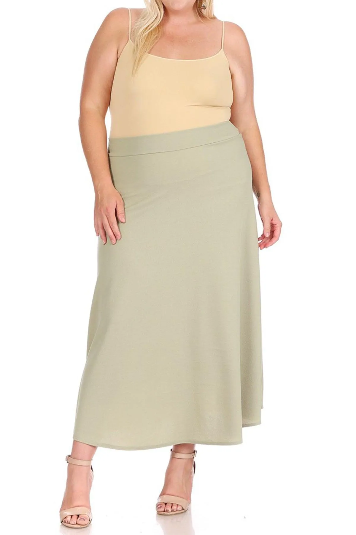 Women's Plus Size Solid High Waisted Flare A-line Midi Skirt with Elastic Waistband