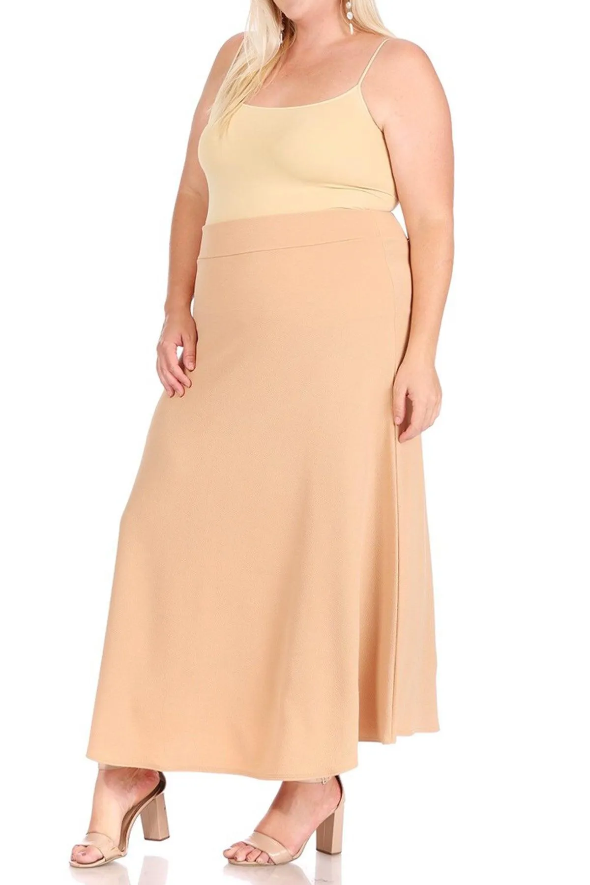 Women's Plus Size Solid High Waisted Flare A-line Midi Skirt with Elastic Waistband