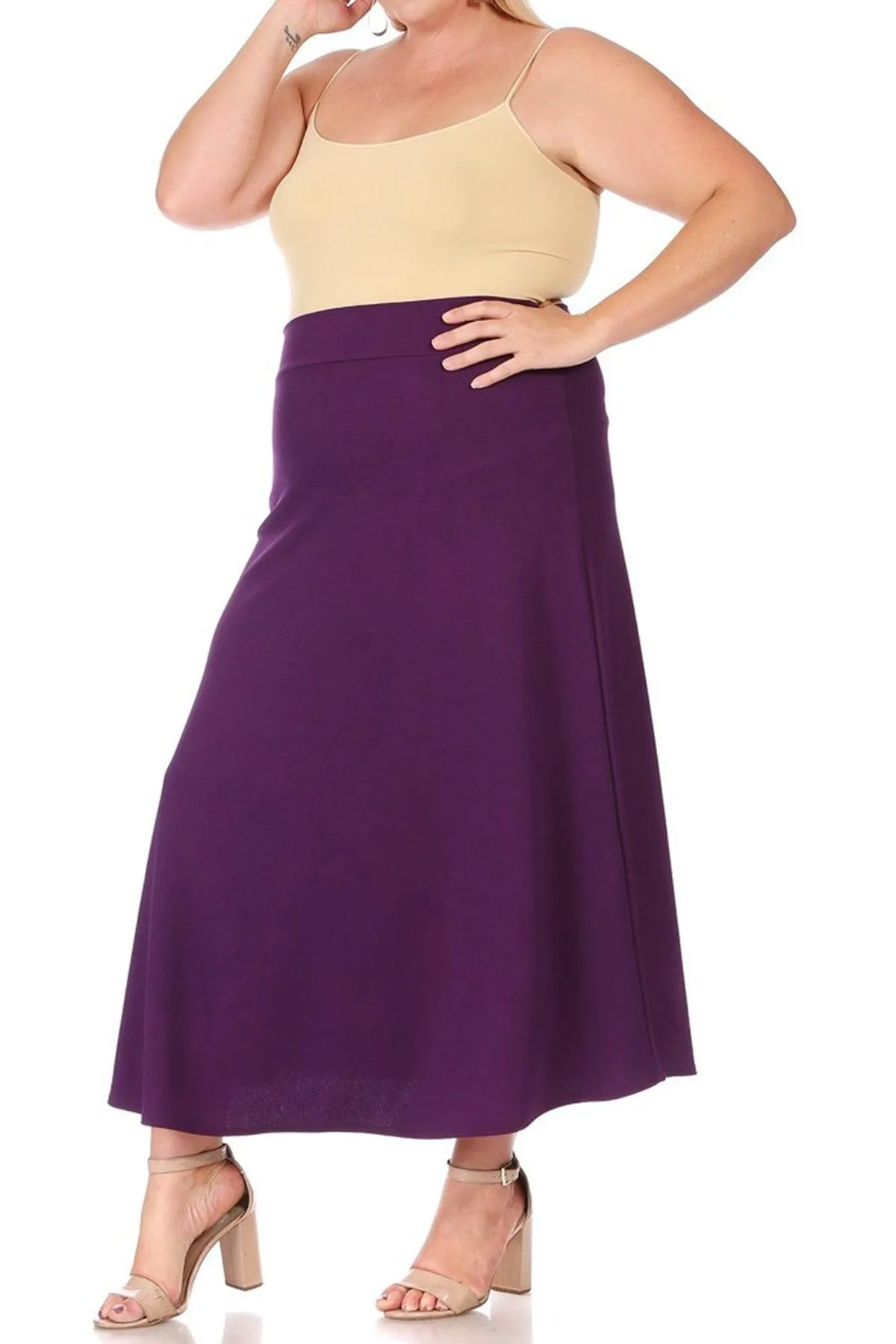 Women's Plus Size Solid High Waisted Flare A-line Midi Skirt with Elastic Waistband