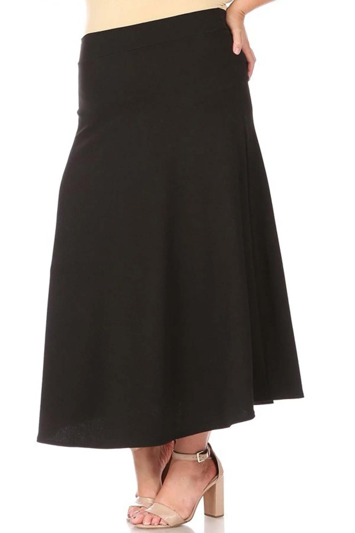 Women's Plus Size Solid High Waisted Flare A-line Midi Skirt with Elastic Waistband