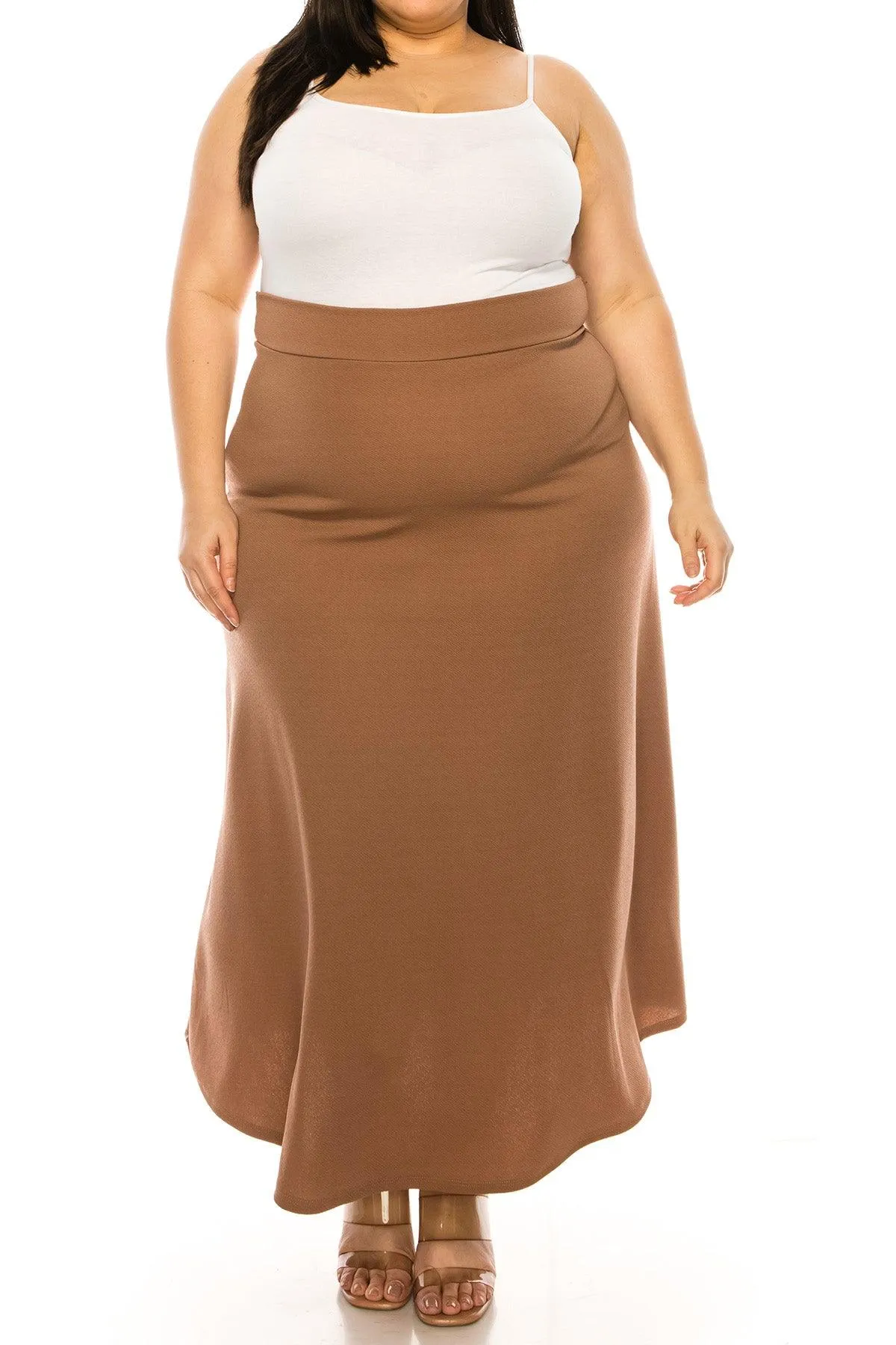 Women's Plus Size Solid High Waisted Flare A-line Midi Skirt with Elastic Waistband