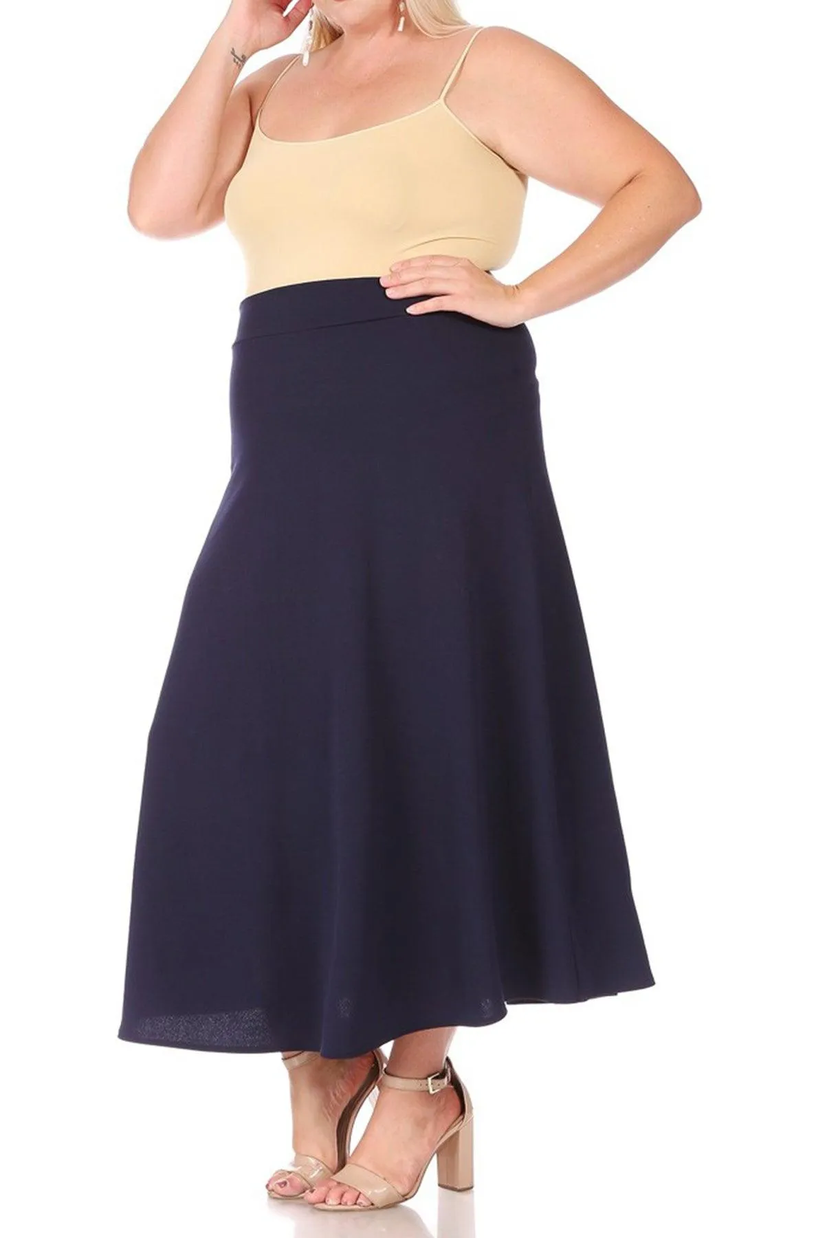 Women's Plus Size Solid High Waisted Flare A-line Midi Skirt with Elastic Waistband