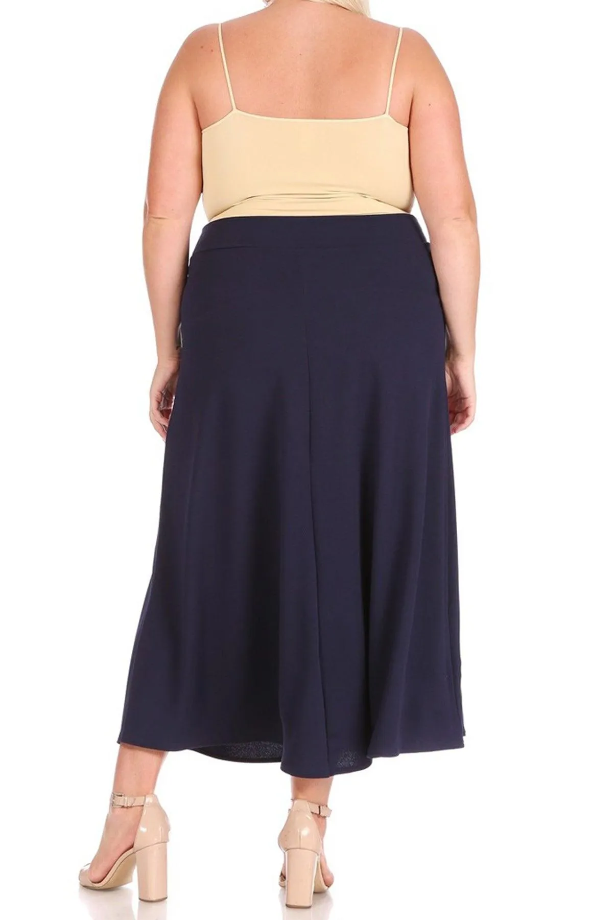 Women's Plus Size Solid High Waisted Flare A-line Midi Skirt with Elastic Waistband