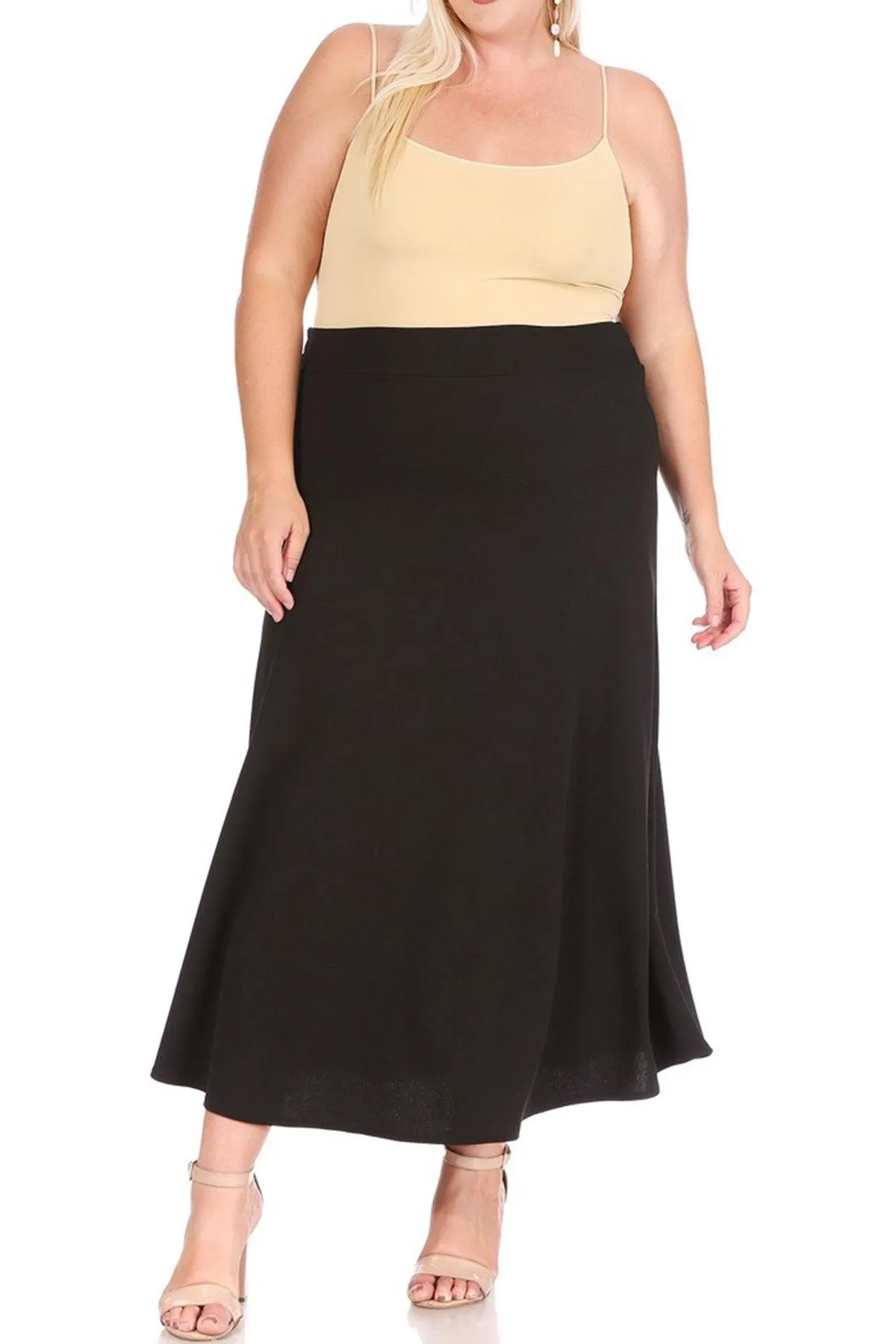 Women's Plus Size Solid High Waisted Flare A-line Midi Skirt with Elastic Waistband