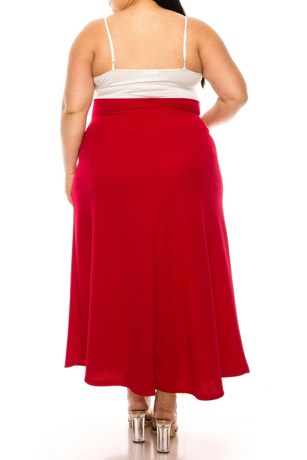 Women's Plus Size Solid High Waisted Flare A-line Midi Skirt with Elastic Waistband