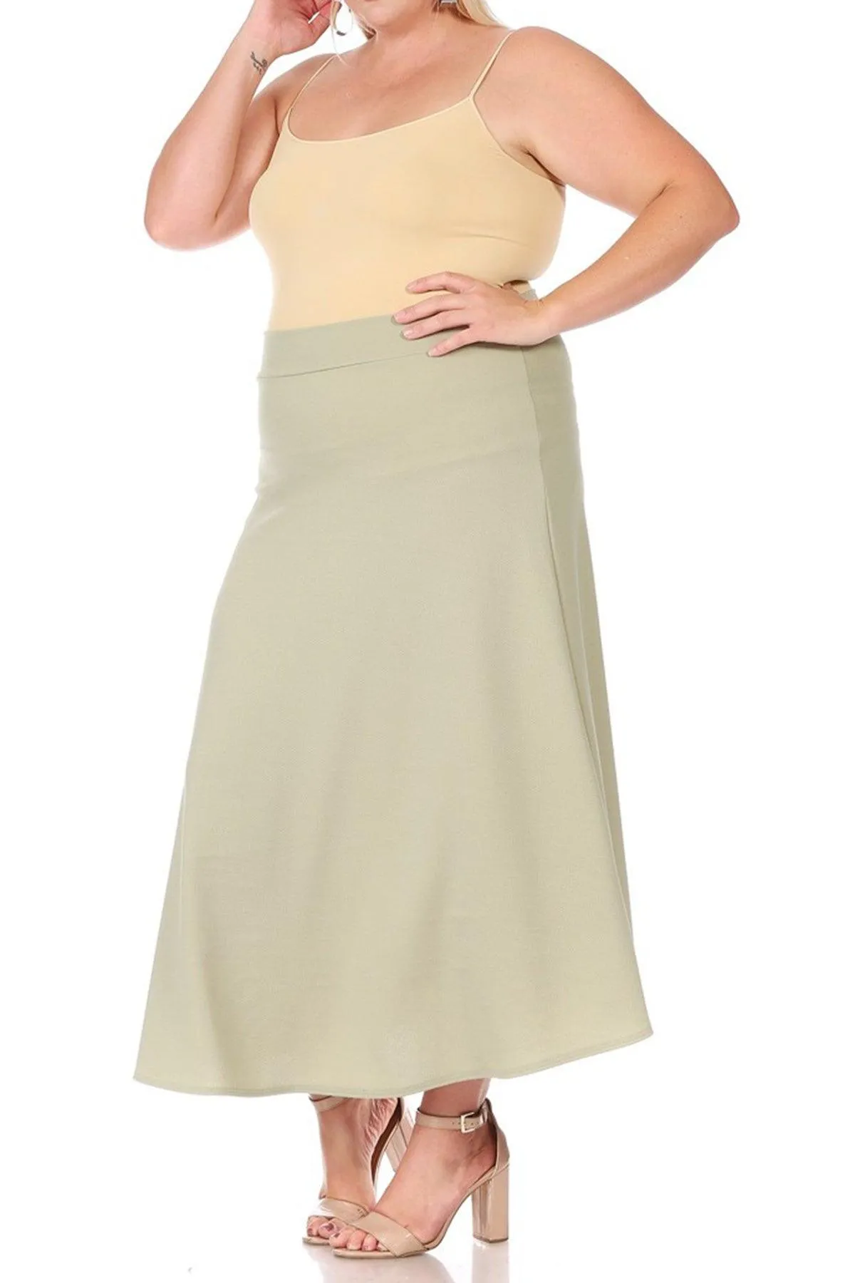 Women's Plus Size Solid High Waisted Flare A-line Midi Skirt with Elastic Waistband