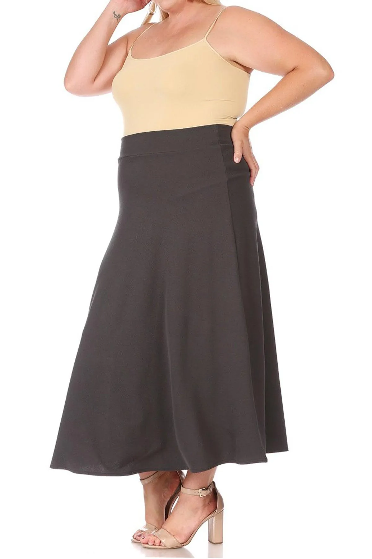 Women's Plus Size Solid High Waisted Flare A-line Midi Skirt with Elastic Waistband