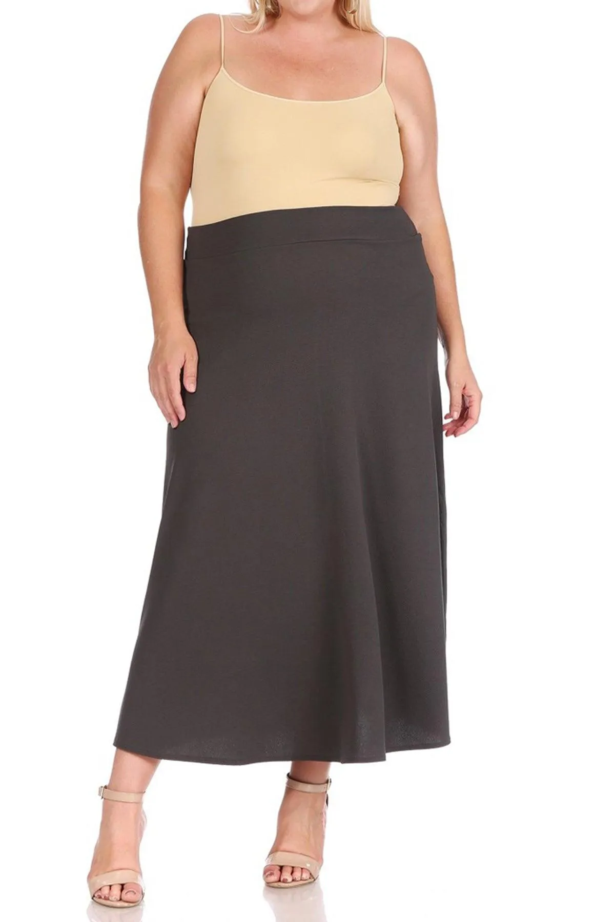 Women's Plus Size Solid High Waisted Flare A-line Midi Skirt with Elastic Waistband