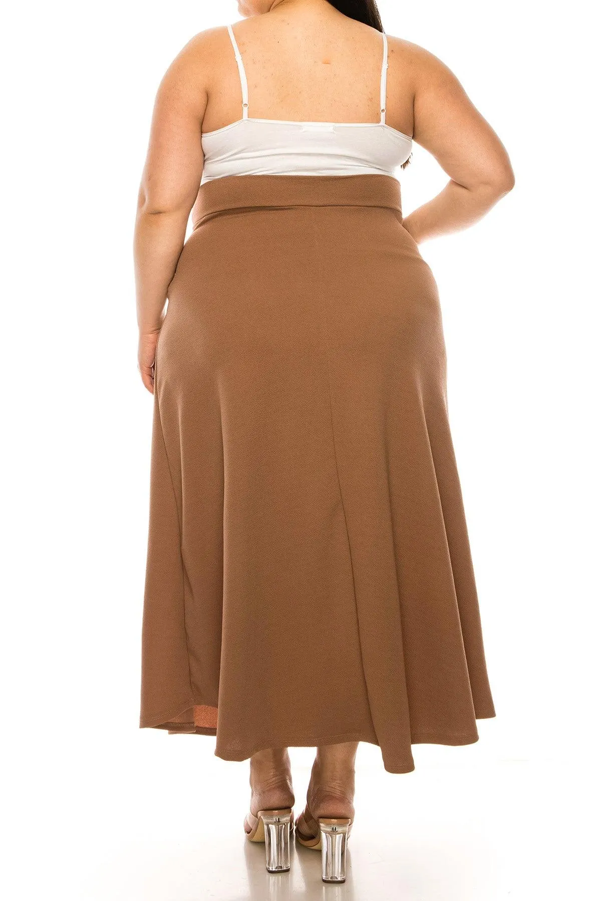 Women's Plus Size Solid High Waisted Flare A-line Midi Skirt with Elastic Waistband