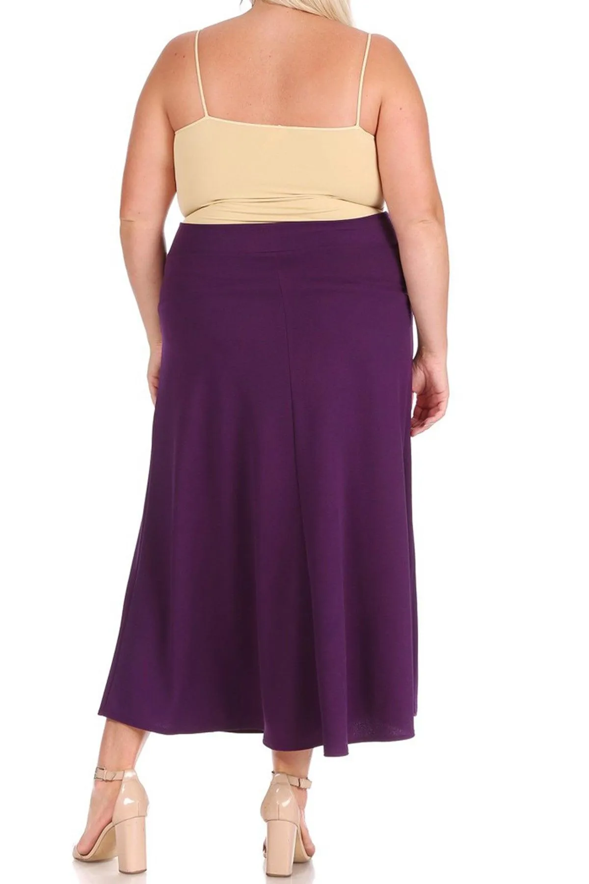 Women's Plus Size Solid High Waisted Flare A-line Midi Skirt with Elastic Waistband