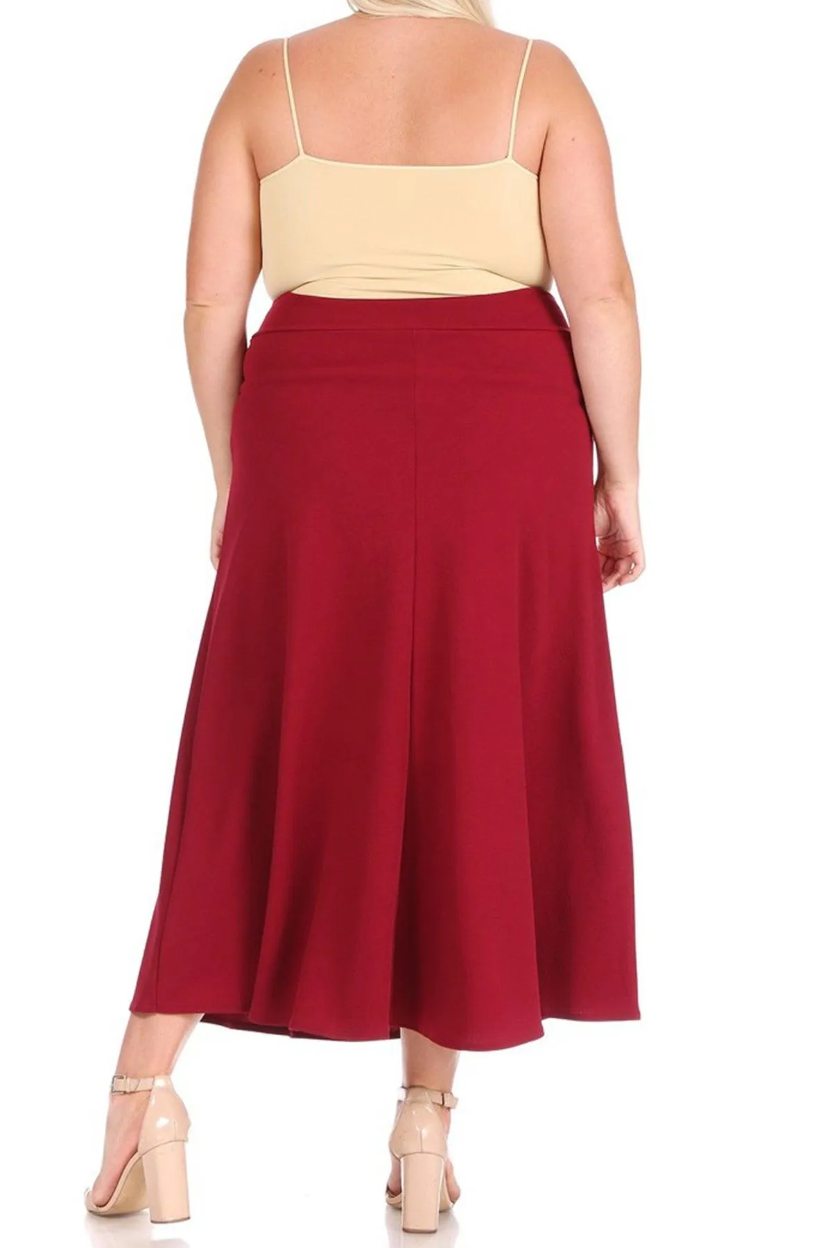 Women's Plus Size Solid High Waisted Flare A-line Midi Skirt with Elastic Waistband