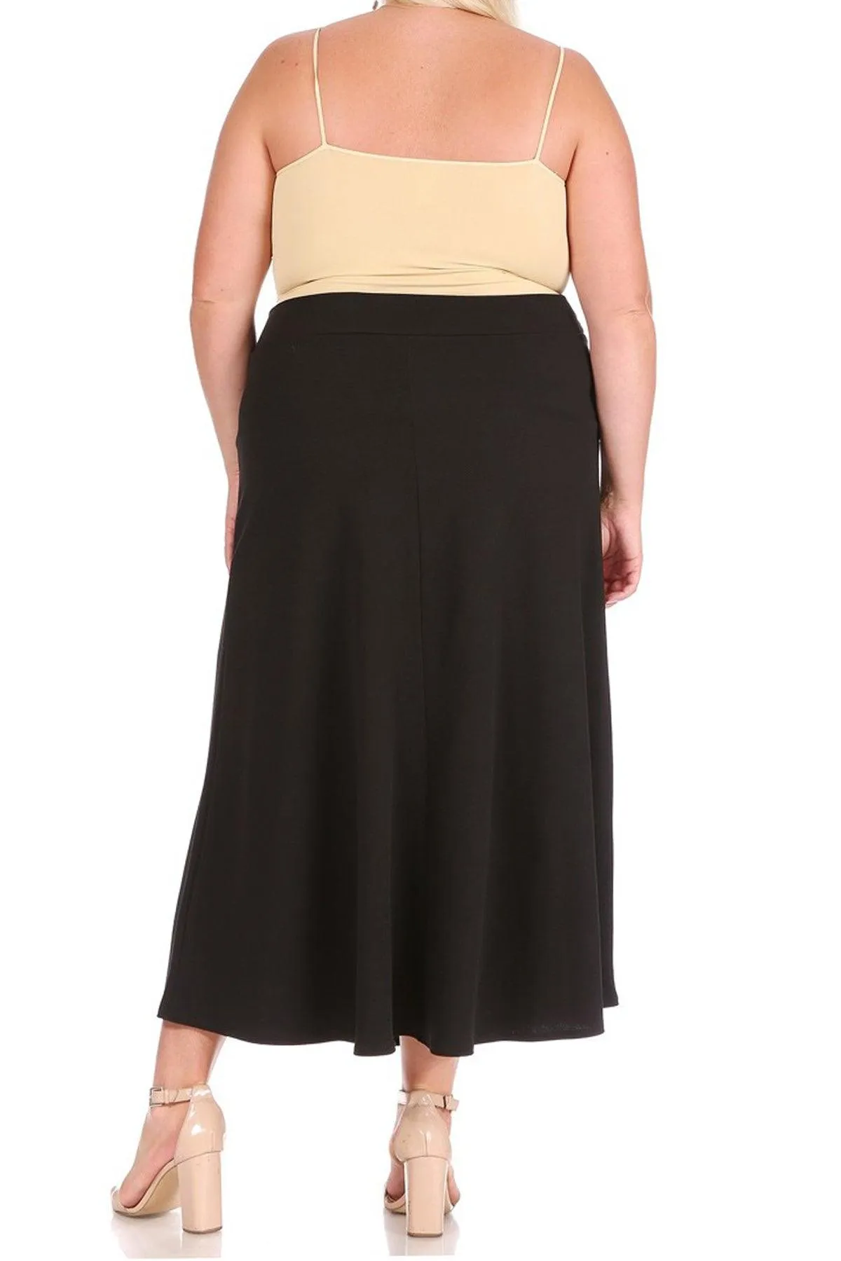 Women's Plus Size Solid High Waisted Flare A-line Midi Skirt with Elastic Waistband