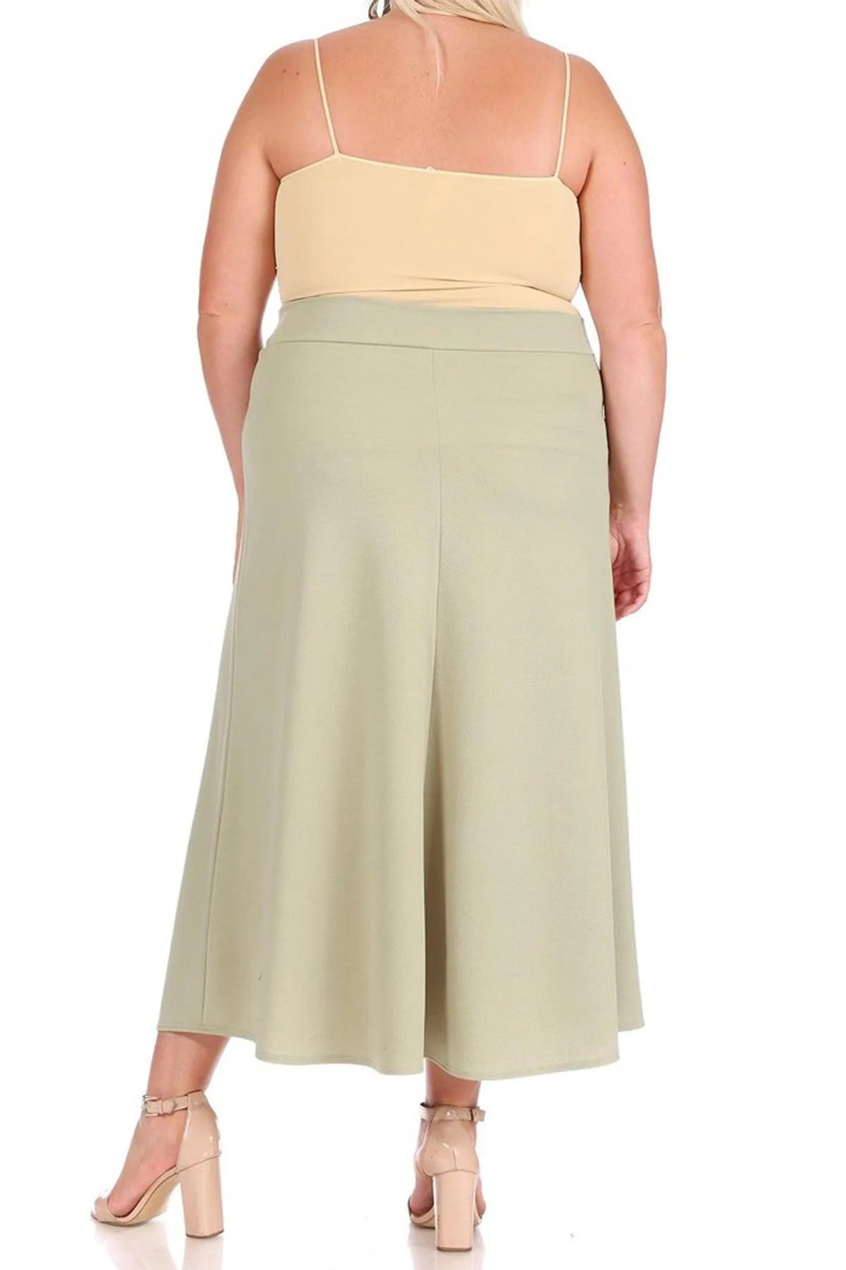 Women's Plus Size Solid High Waisted Flare A-line Midi Skirt with Elastic Waistband