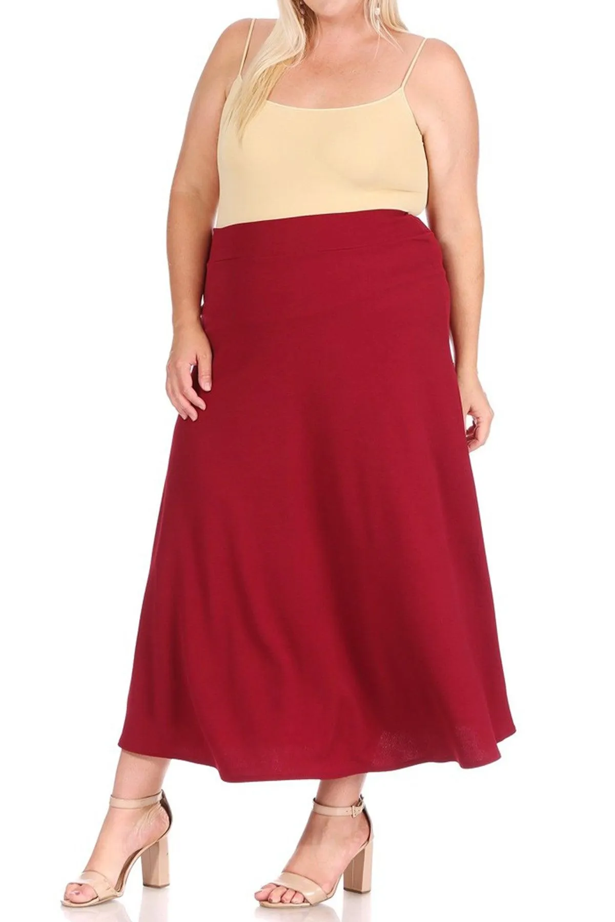 Women's Plus Size Solid High Waisted Flare A-line Midi Skirt with Elastic Waistband