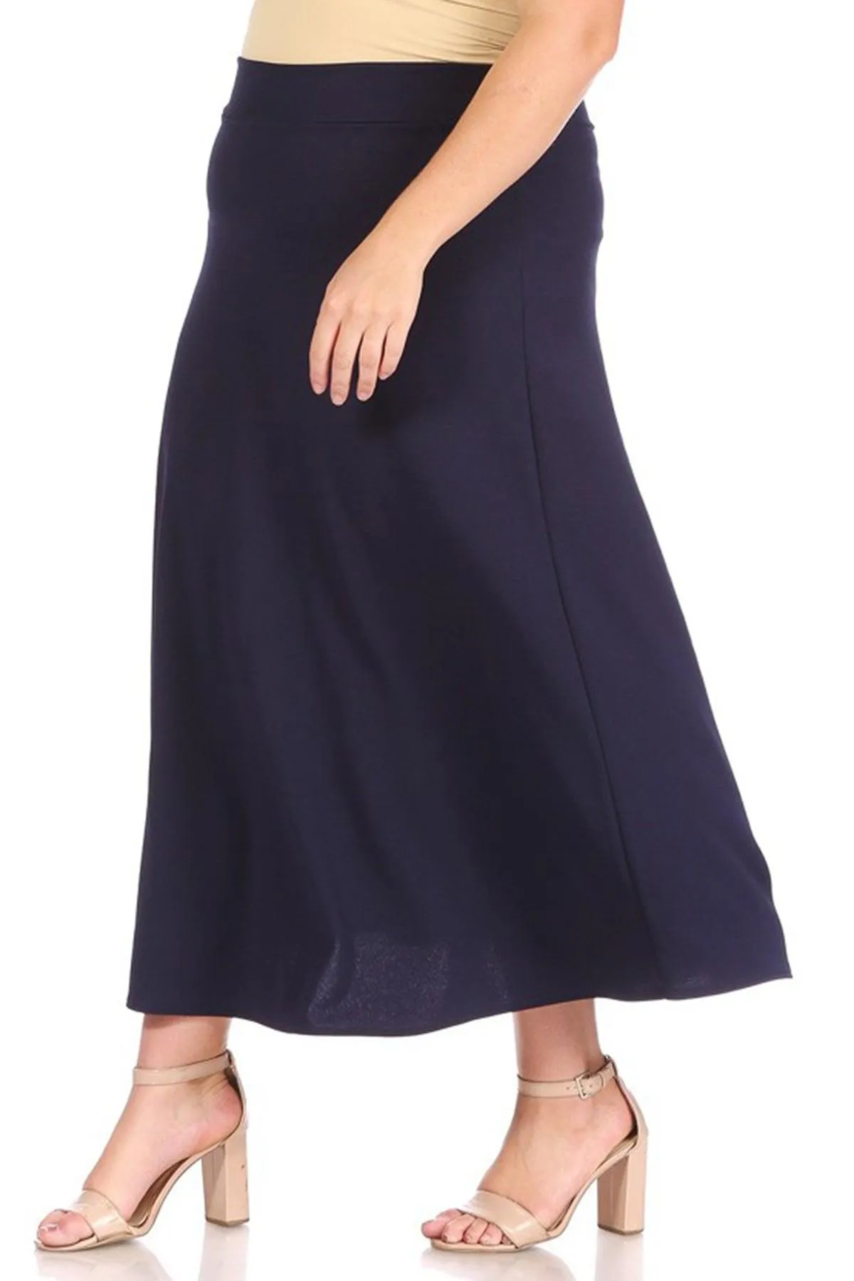 Women's Plus Size Solid High Waisted Flare A-line Midi Skirt with Elastic Waistband