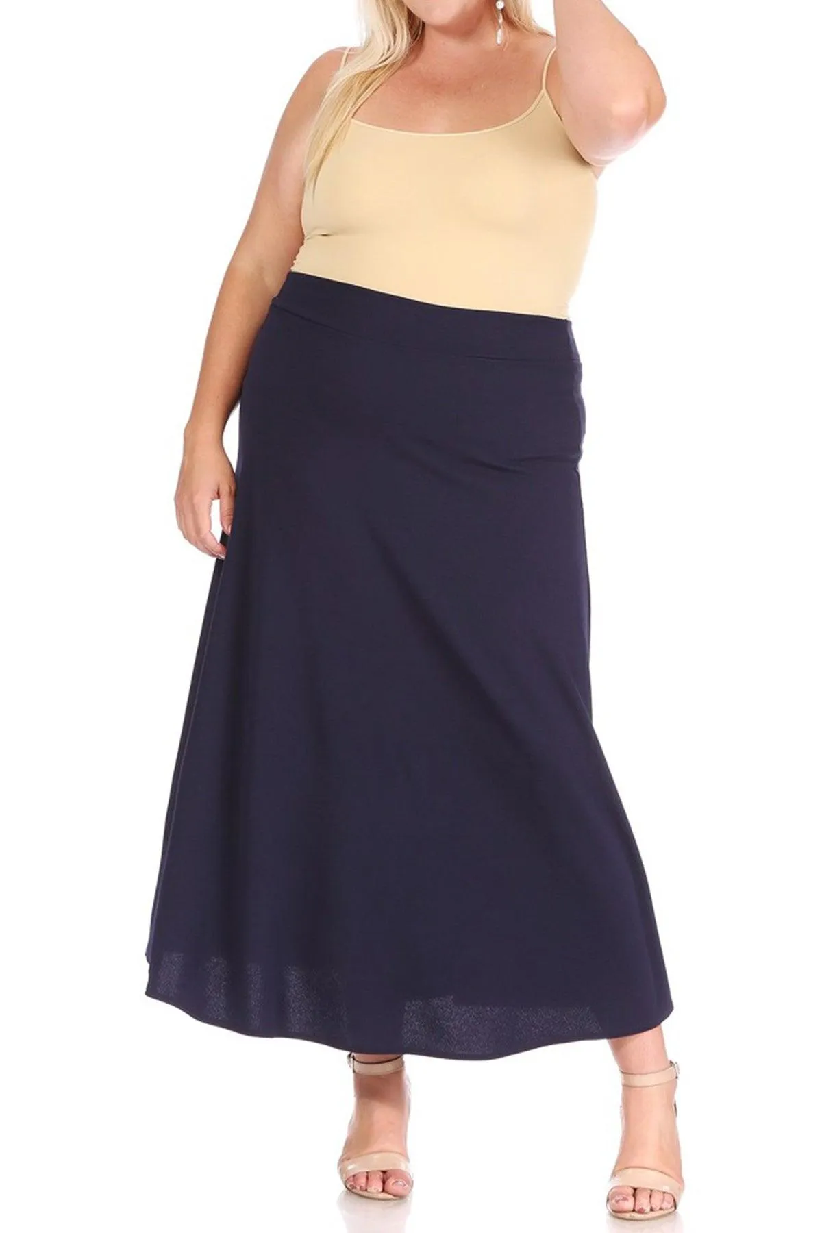 Women's Plus Size Solid High Waisted Flare A-line Midi Skirt with Elastic Waistband