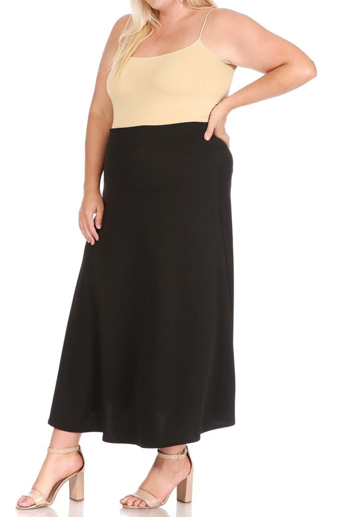 Women's Plus Size Solid High Waisted Flare A-line Midi Skirt with Elastic Waistband