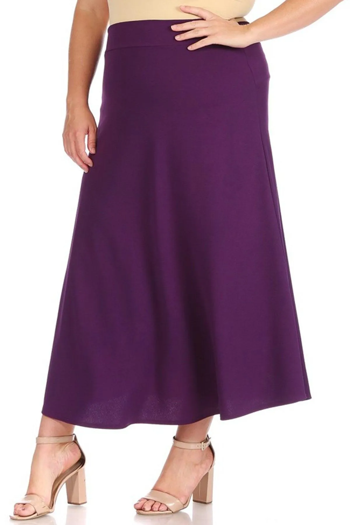 Women's Plus Size Solid High Waisted Flare A-line Midi Skirt with Elastic Waistband