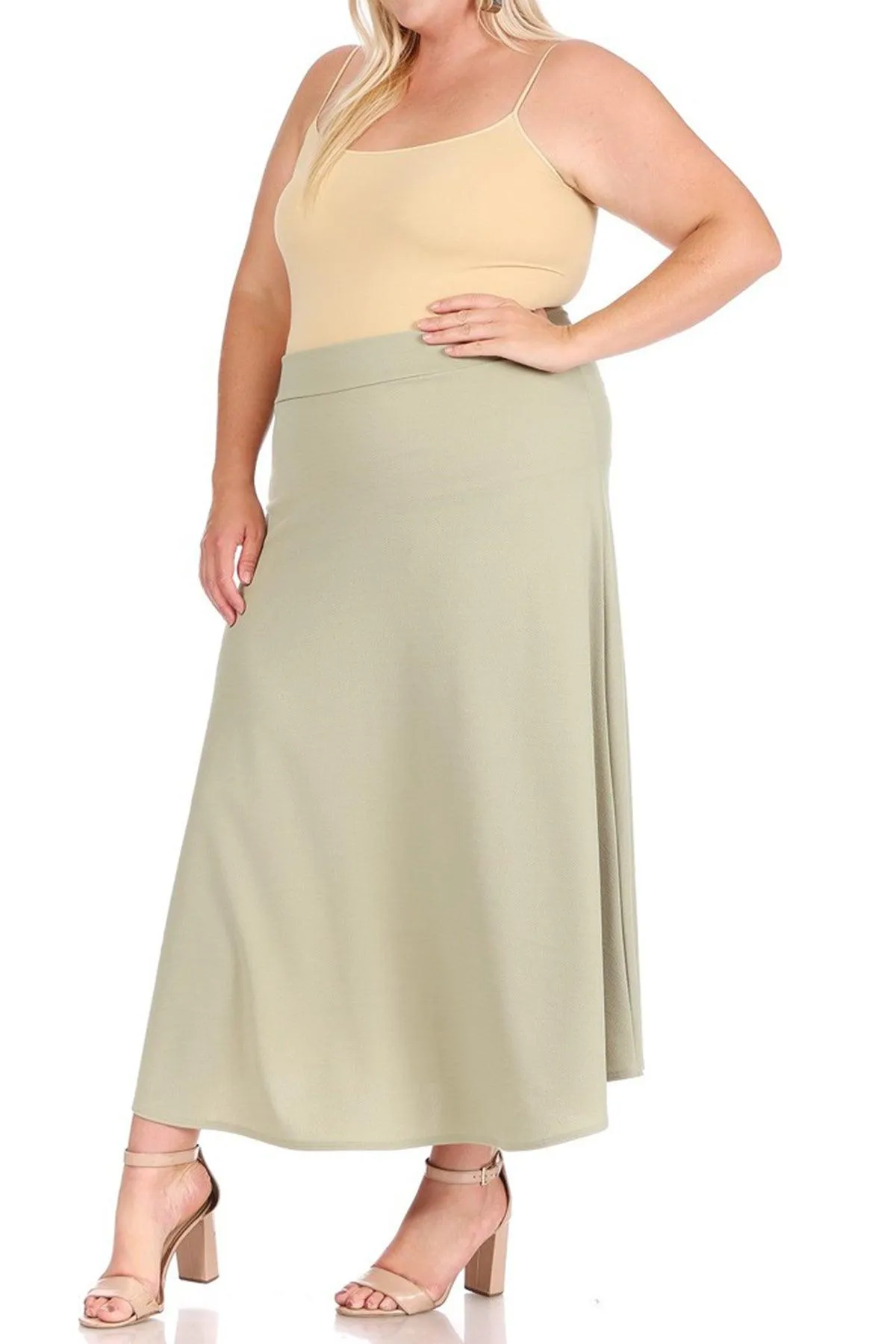 Women's Plus Size Solid High Waisted Flare A-line Midi Skirt with Elastic Waistband