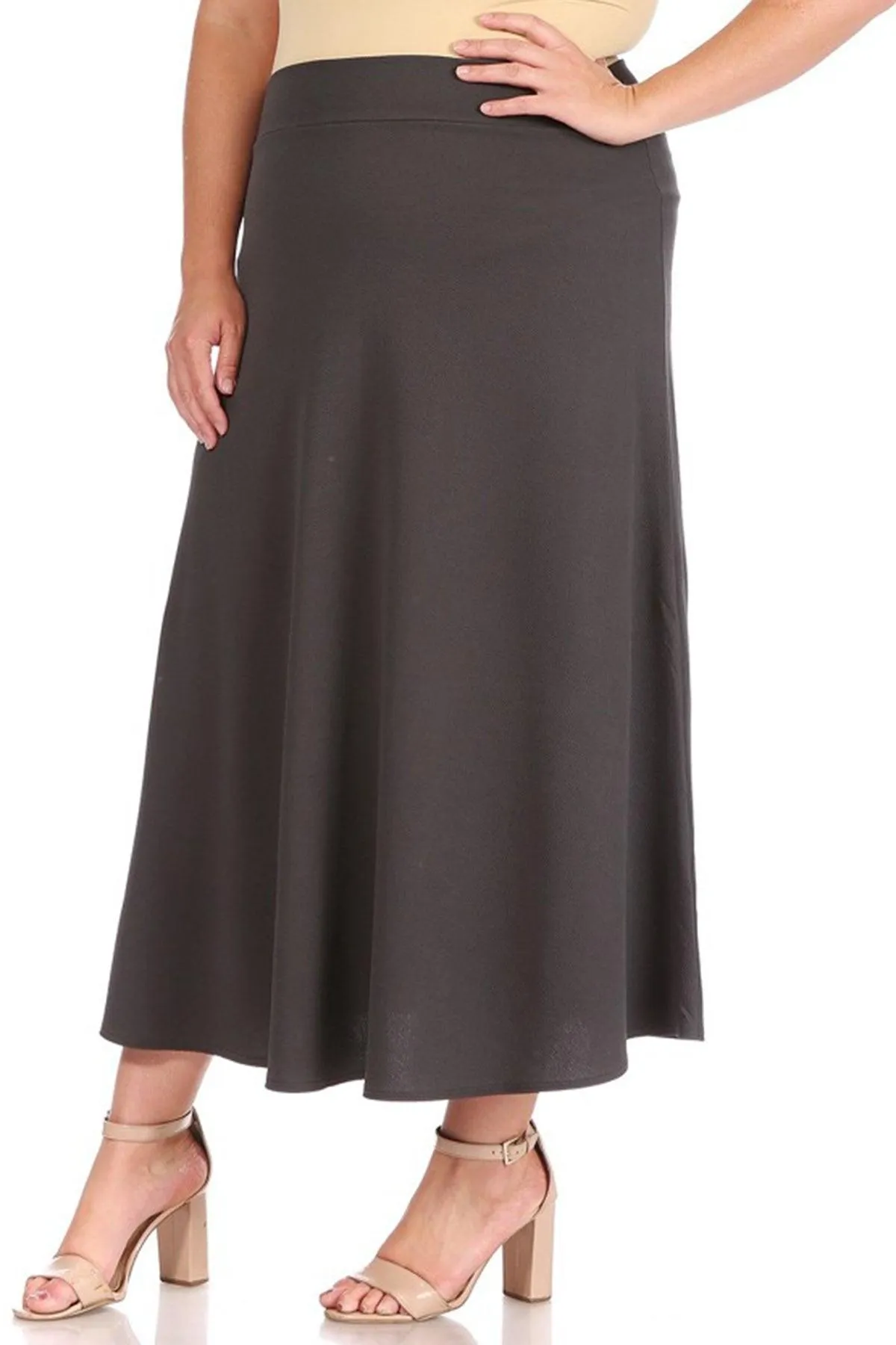 Women's Plus Size Solid High Waisted Flare A-line Midi Skirt with Elastic Waistband