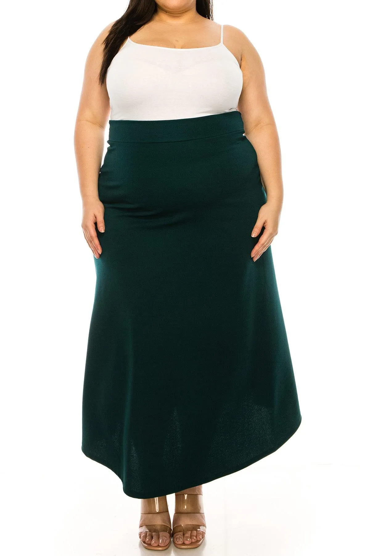 Women's Plus Size Solid High Waisted Flare A-line Midi Skirt with Elastic Waistband