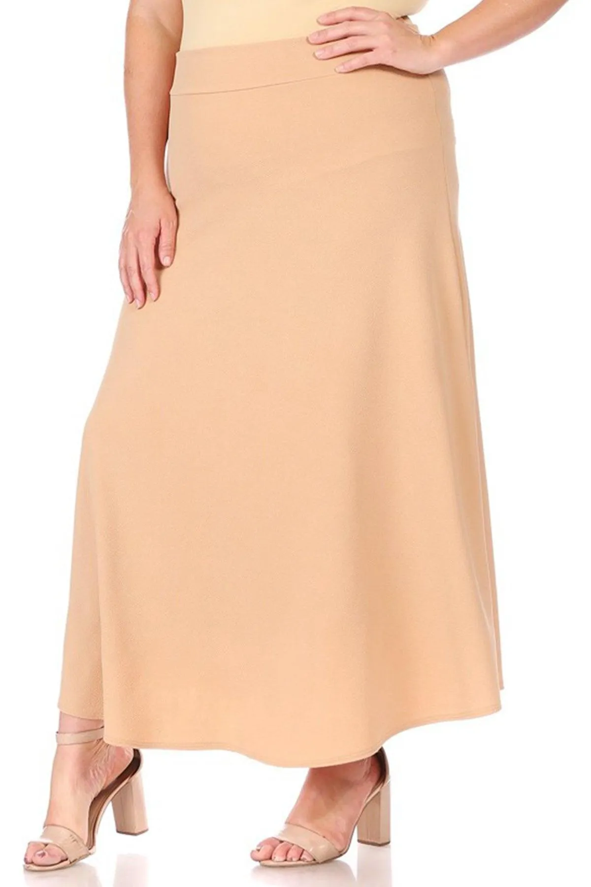 Women's Plus Size Solid High Waisted Flare A-line Midi Skirt with Elastic Waistband