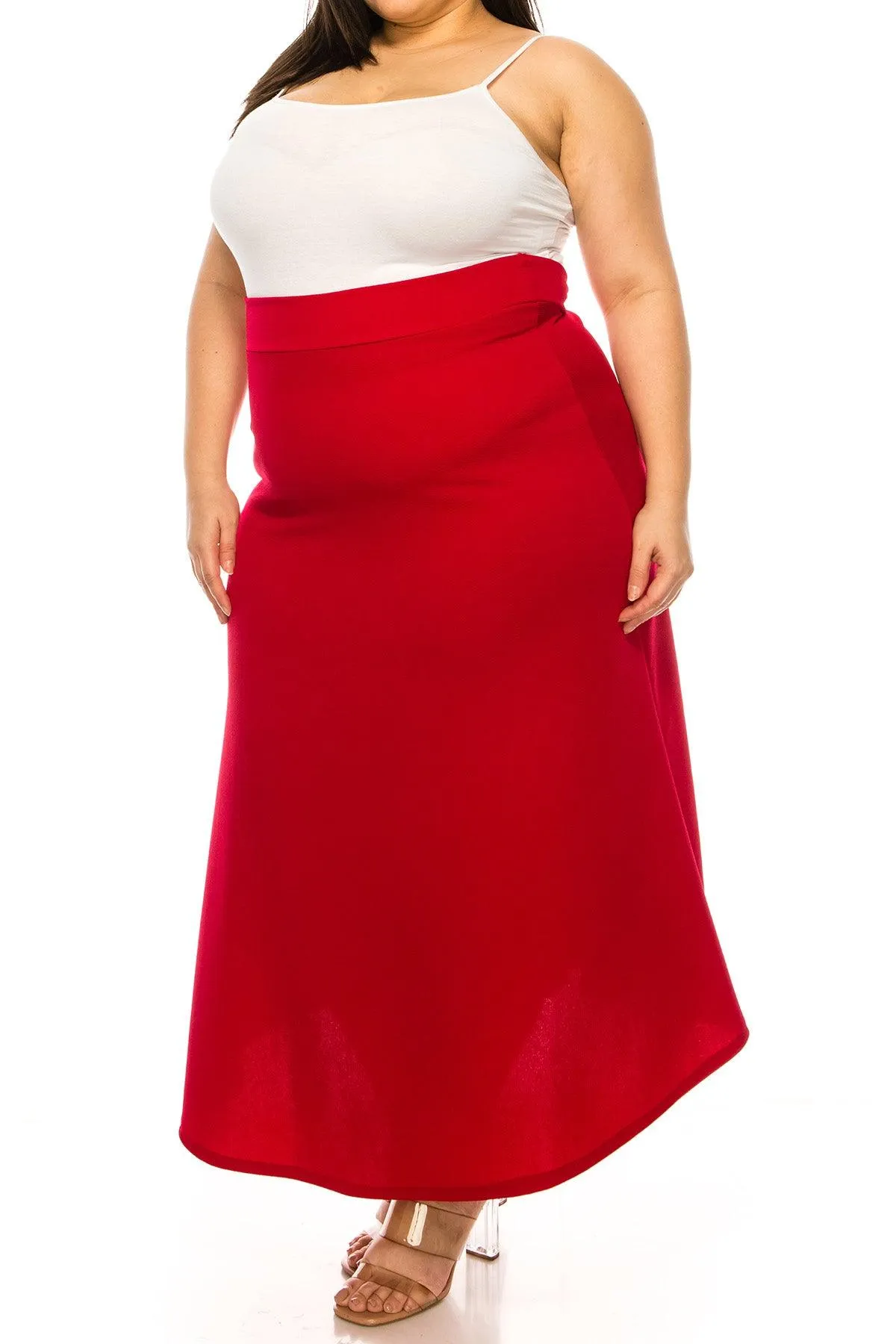 Women's Plus Size Solid High Waisted Flare A-line Midi Skirt with Elastic Waistband