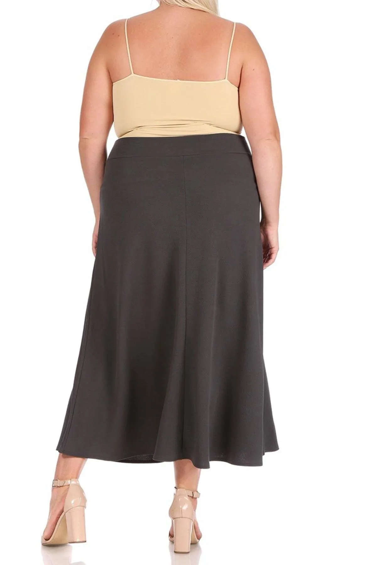 Women's Plus Size Solid High Waisted Flare A-line Midi Skirt with Elastic Waistband