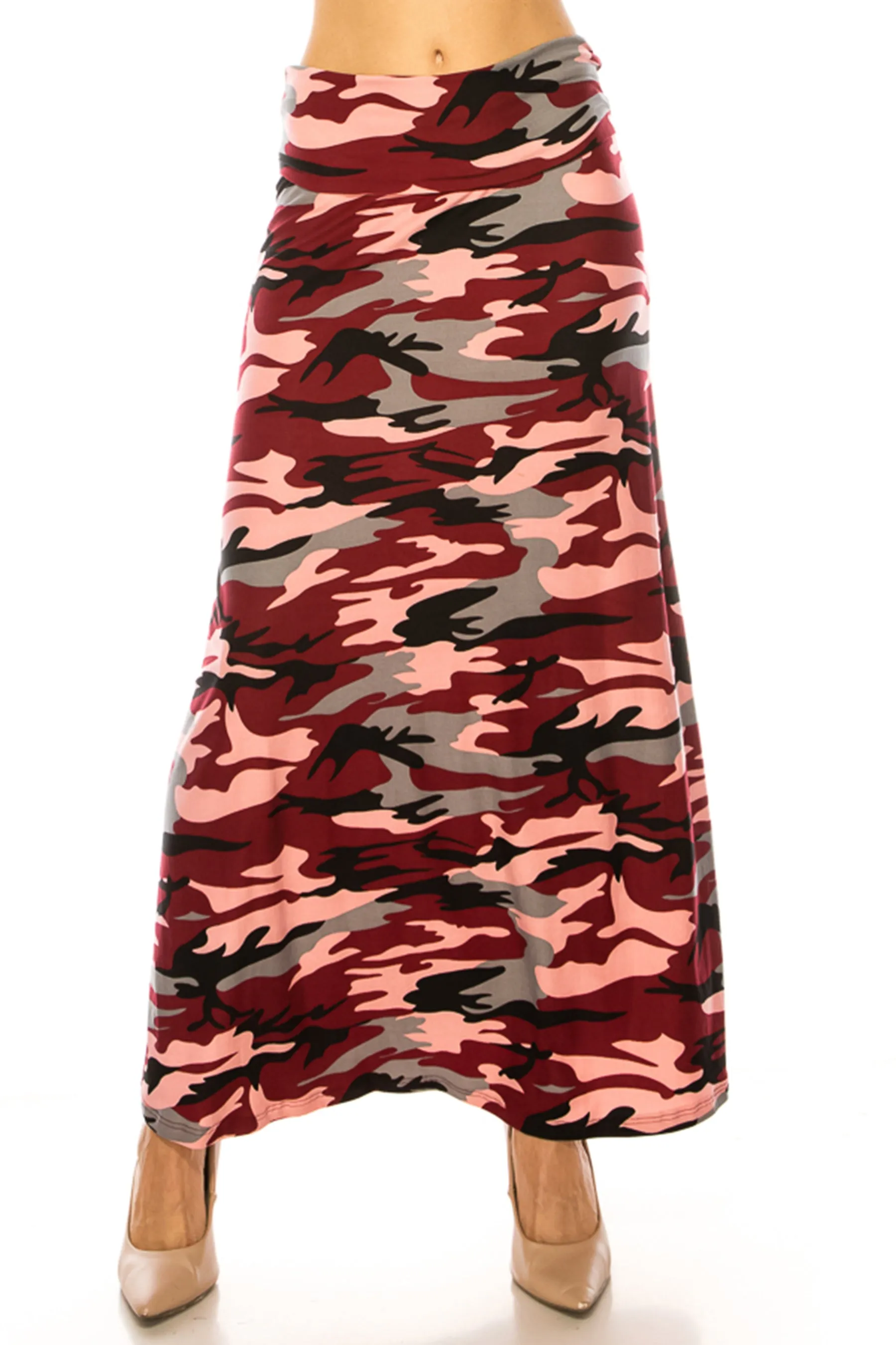 Women's Printed High Waisted A-Line Maxi Skirt with Foldable Waistband - Relaxed Fit