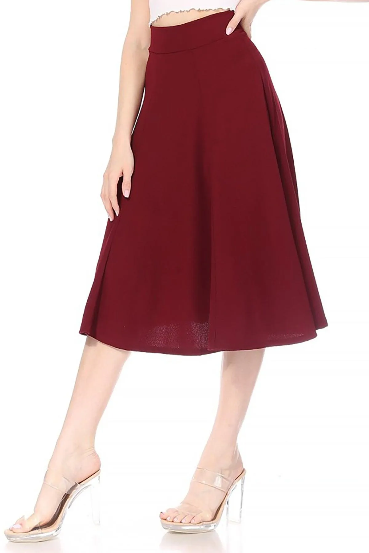 Women's Solid Flared Lightweight Elastic High Waist Long Midi A-line Skirt