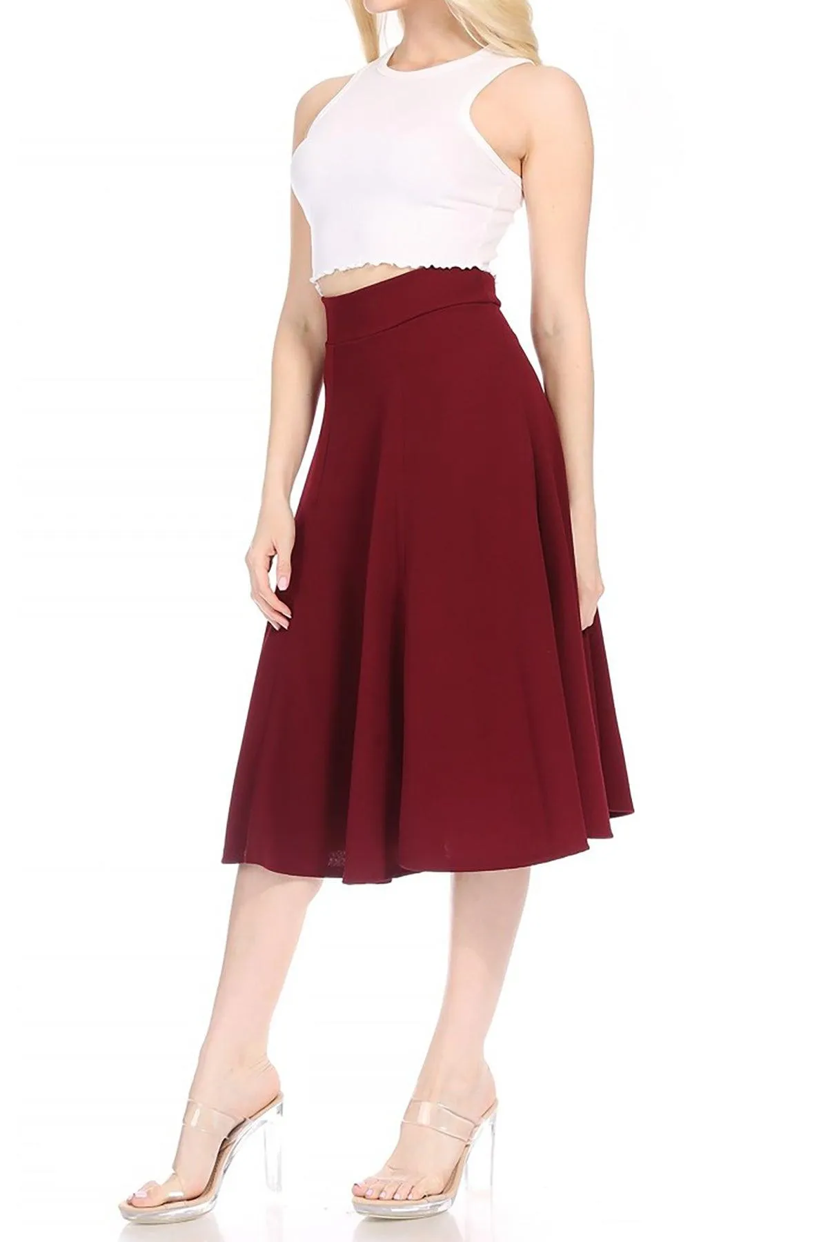 Women's Solid Flared Lightweight Elastic High Waist Long Midi A-line Skirt