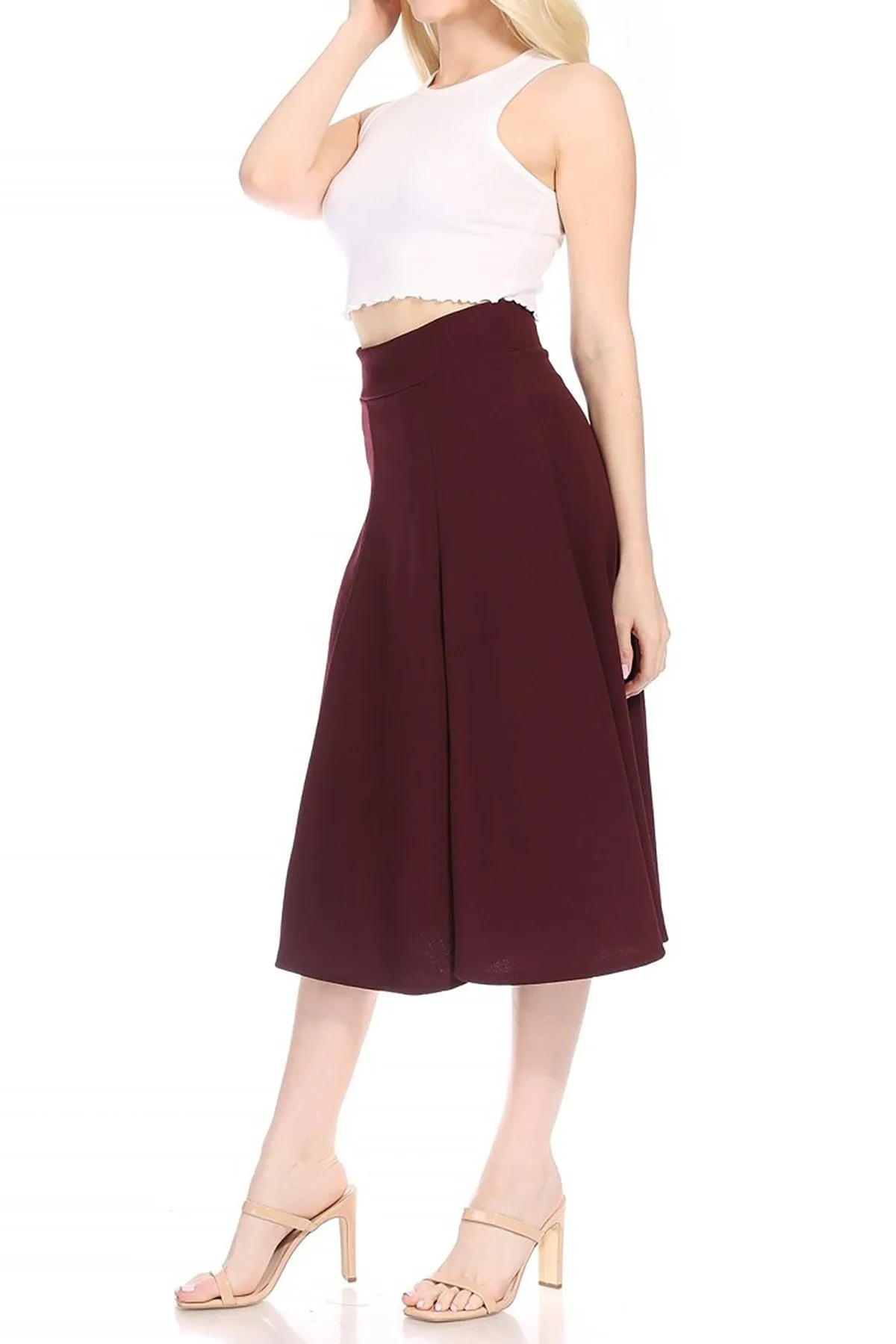 Women's Solid Flared Lightweight Elastic High Waist Long Midi A-line Skirt