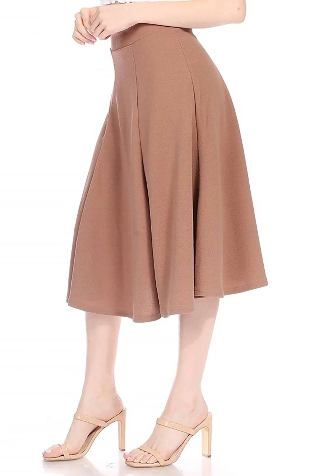 Women's Solid Flared Lightweight Elastic High Waist Long Midi A-line Skirt