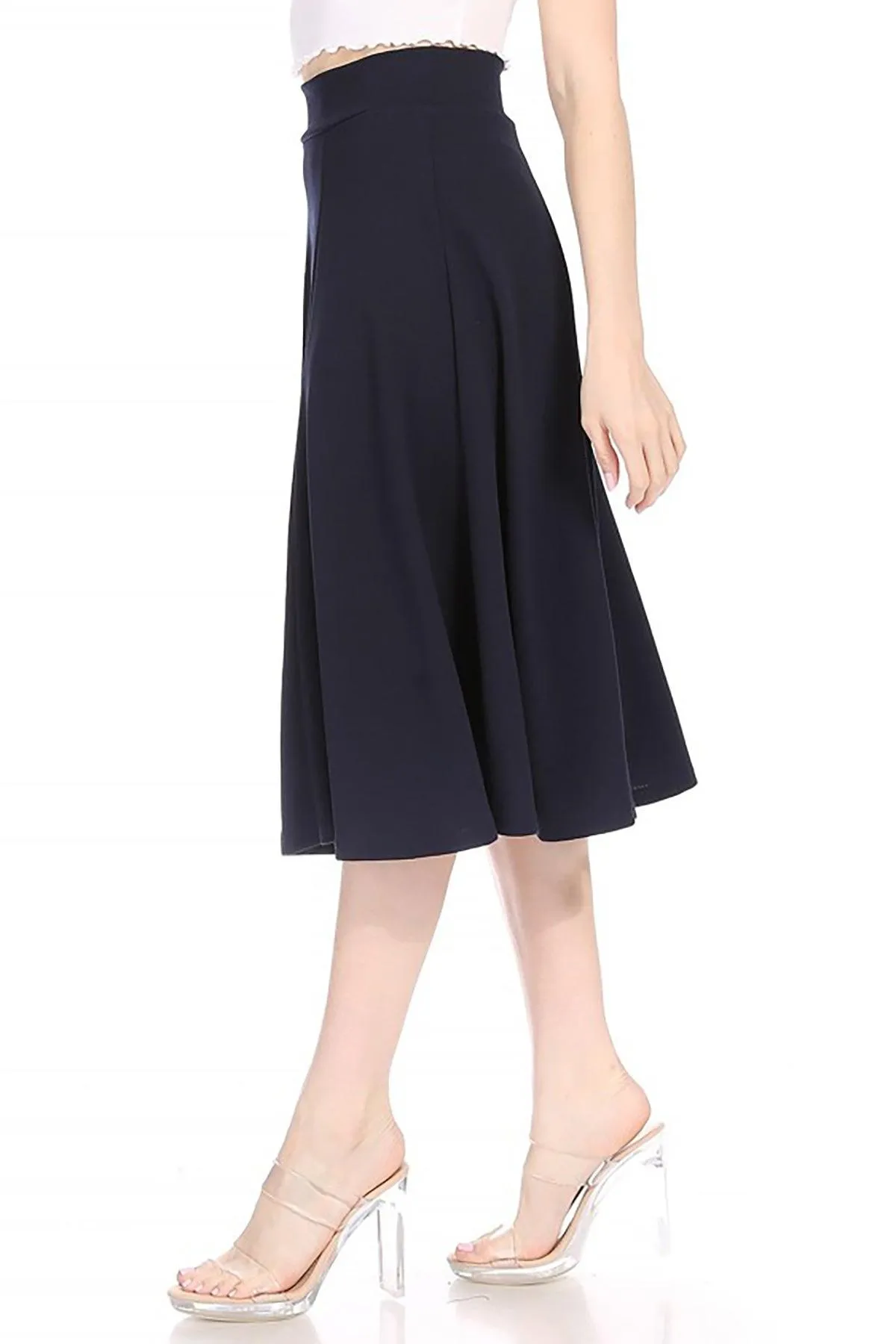 Women's Solid Flared Lightweight Elastic High Waist Long Midi A-line Skirt