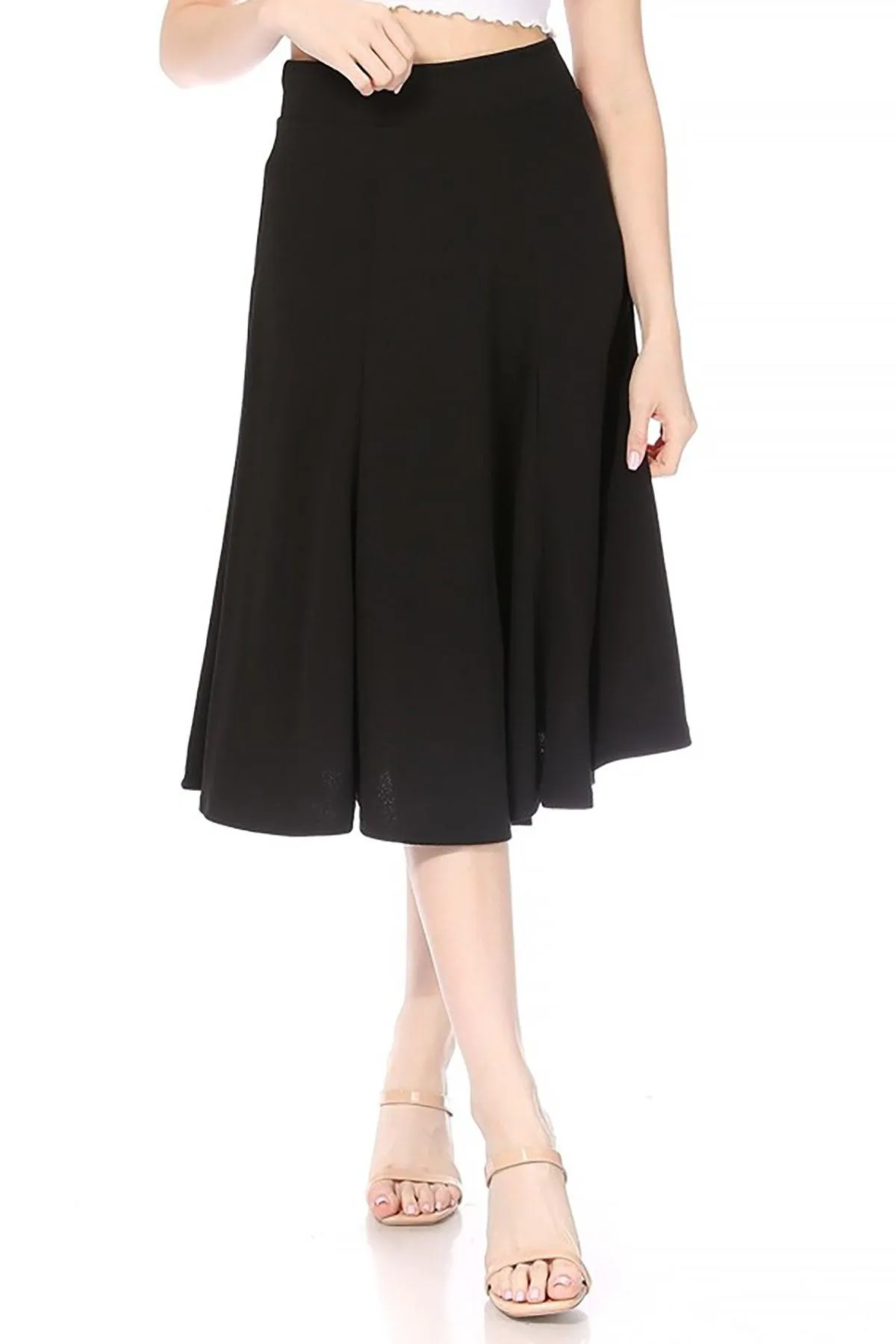 Women's Solid Flared Lightweight Elastic High Waist Long Midi A-line Skirt