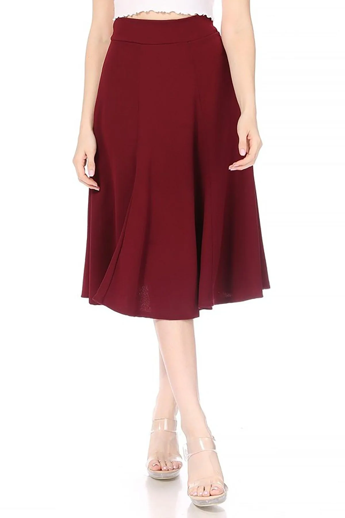 Women's Solid Flared Lightweight Elastic High Waist Long Midi A-line Skirt