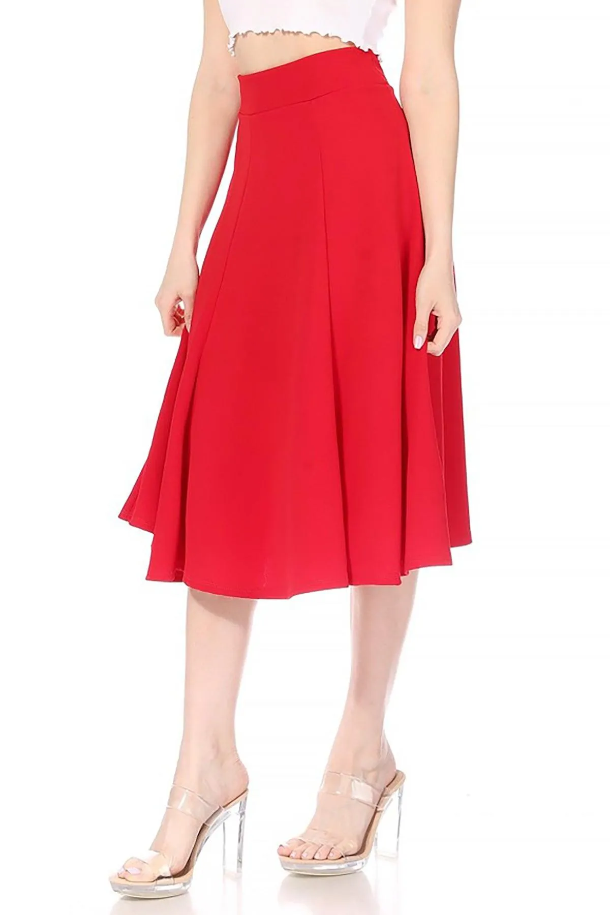 Women's Solid Flared Lightweight Elastic High Waist Long Midi A-line Skirt