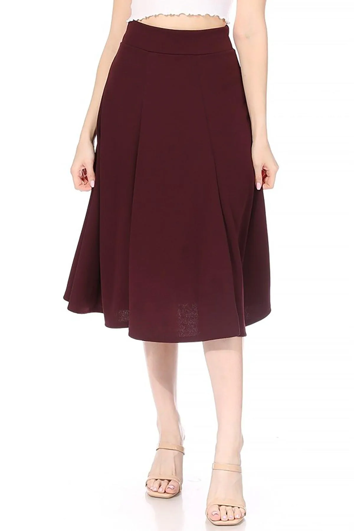 Women's Solid Flared Lightweight Elastic High Waist Long Midi A-line Skirt