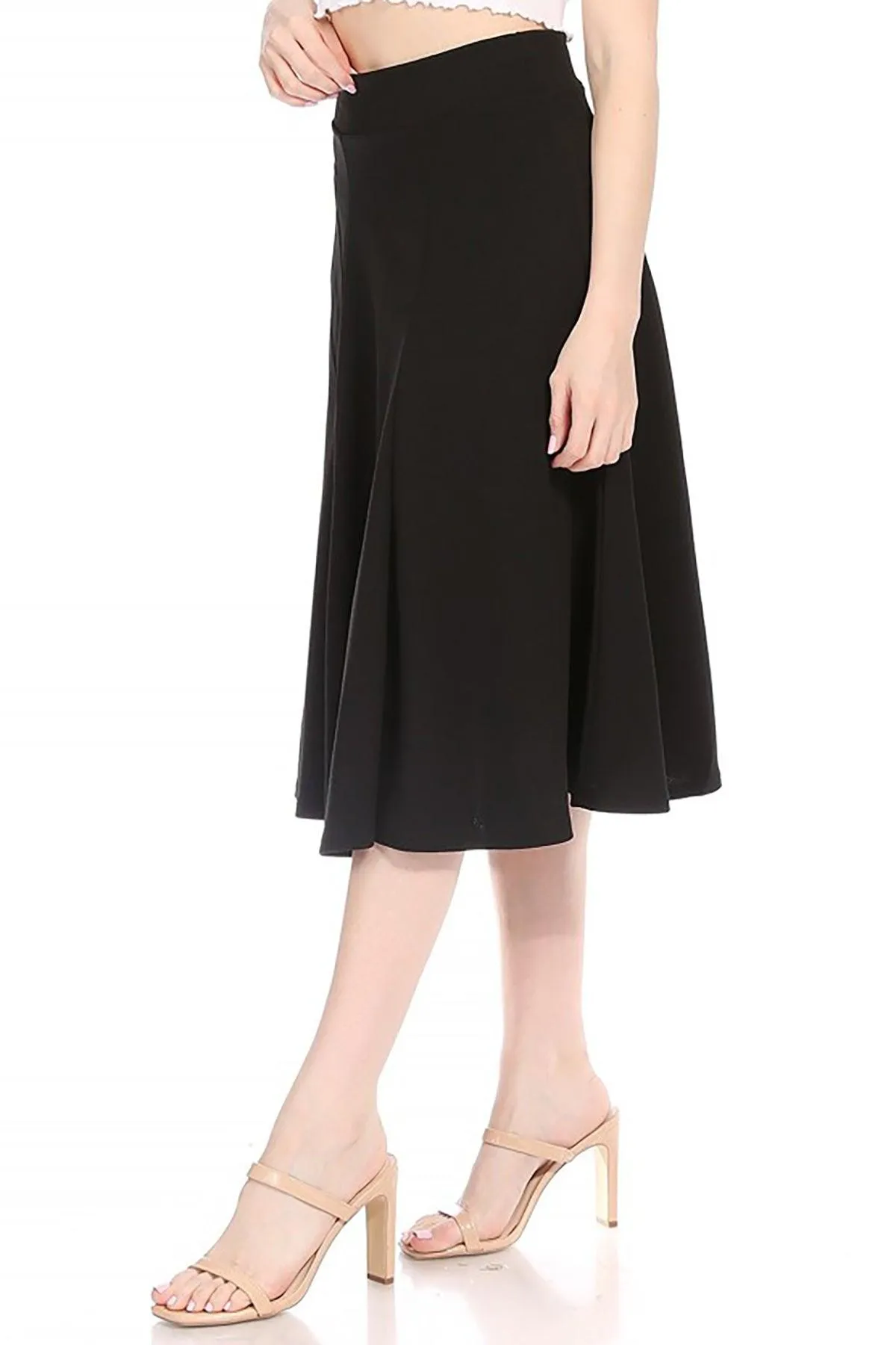 Women's Solid Flared Lightweight Elastic High Waist Long Midi A-line Skirt