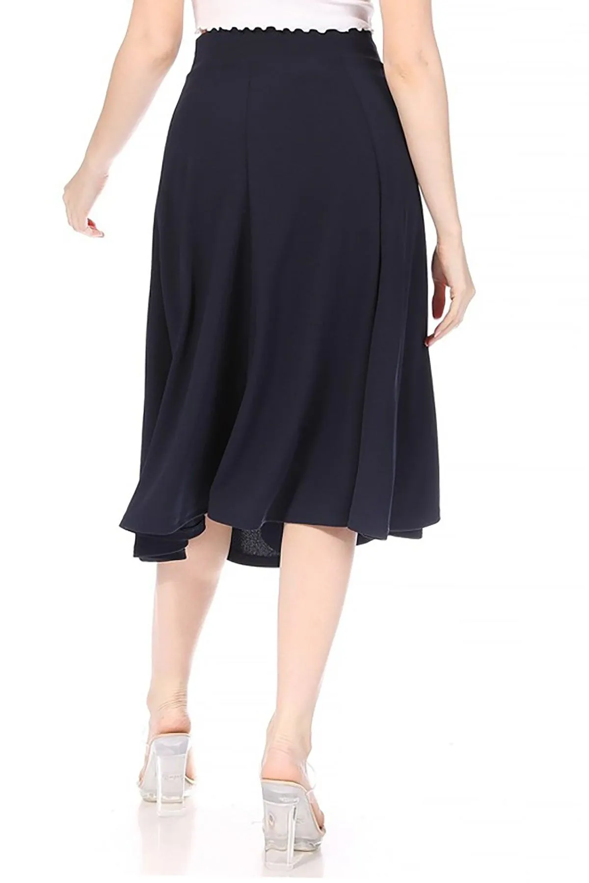 Women's Solid Flared Lightweight Elastic High Waist Long Midi A-line Skirt