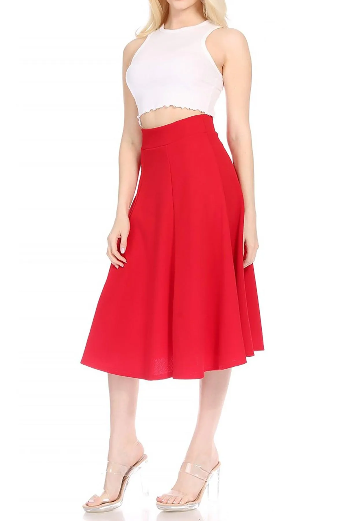 Women's Solid Flared Lightweight Elastic High Waist Long Midi A-line Skirt