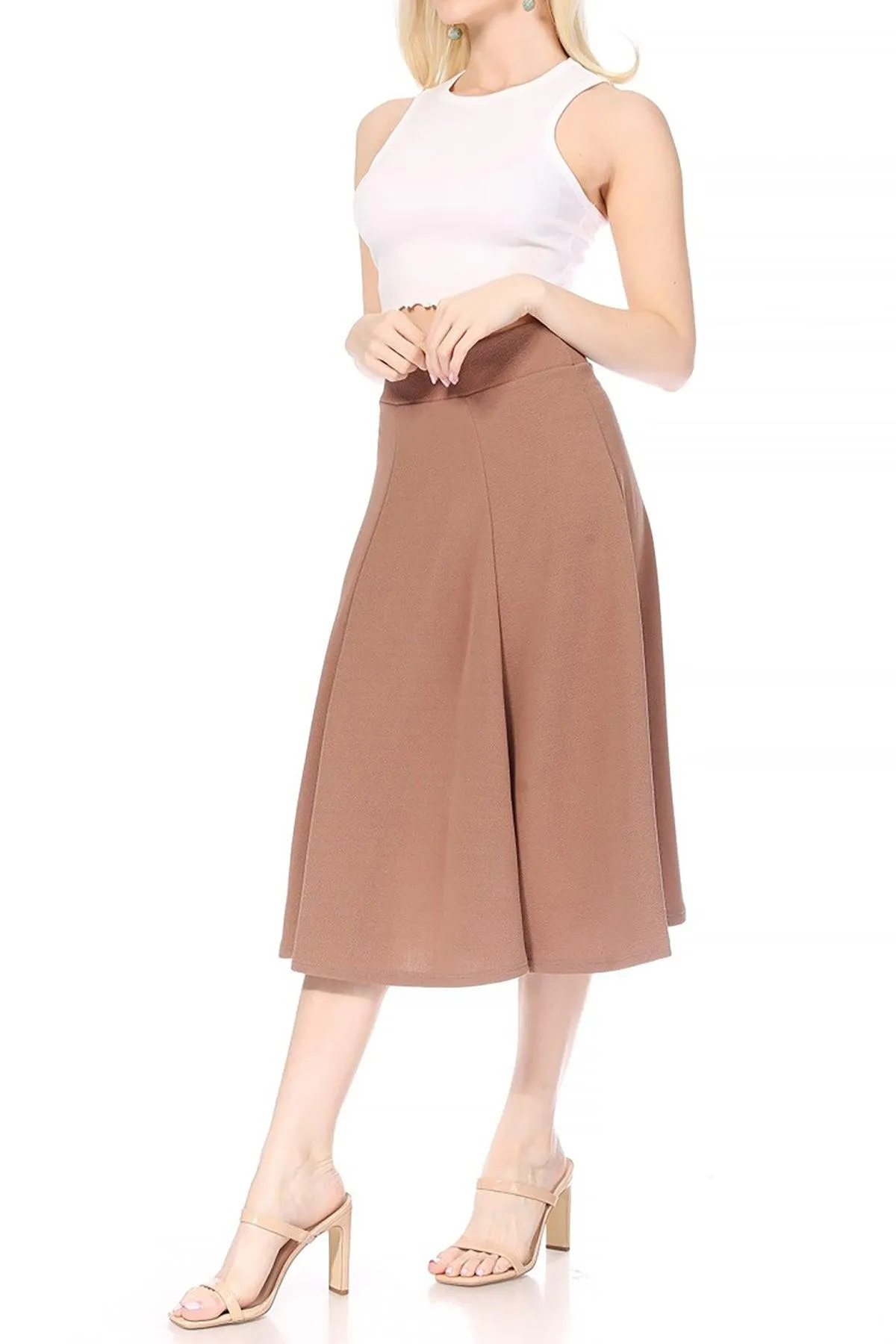 Women's Solid Flared Lightweight Elastic High Waist Long Midi A-line Skirt