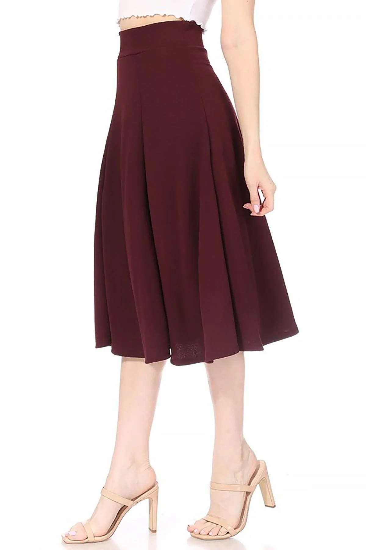 Women's Solid Flared Lightweight Elastic High Waist Long Midi A-line Skirt