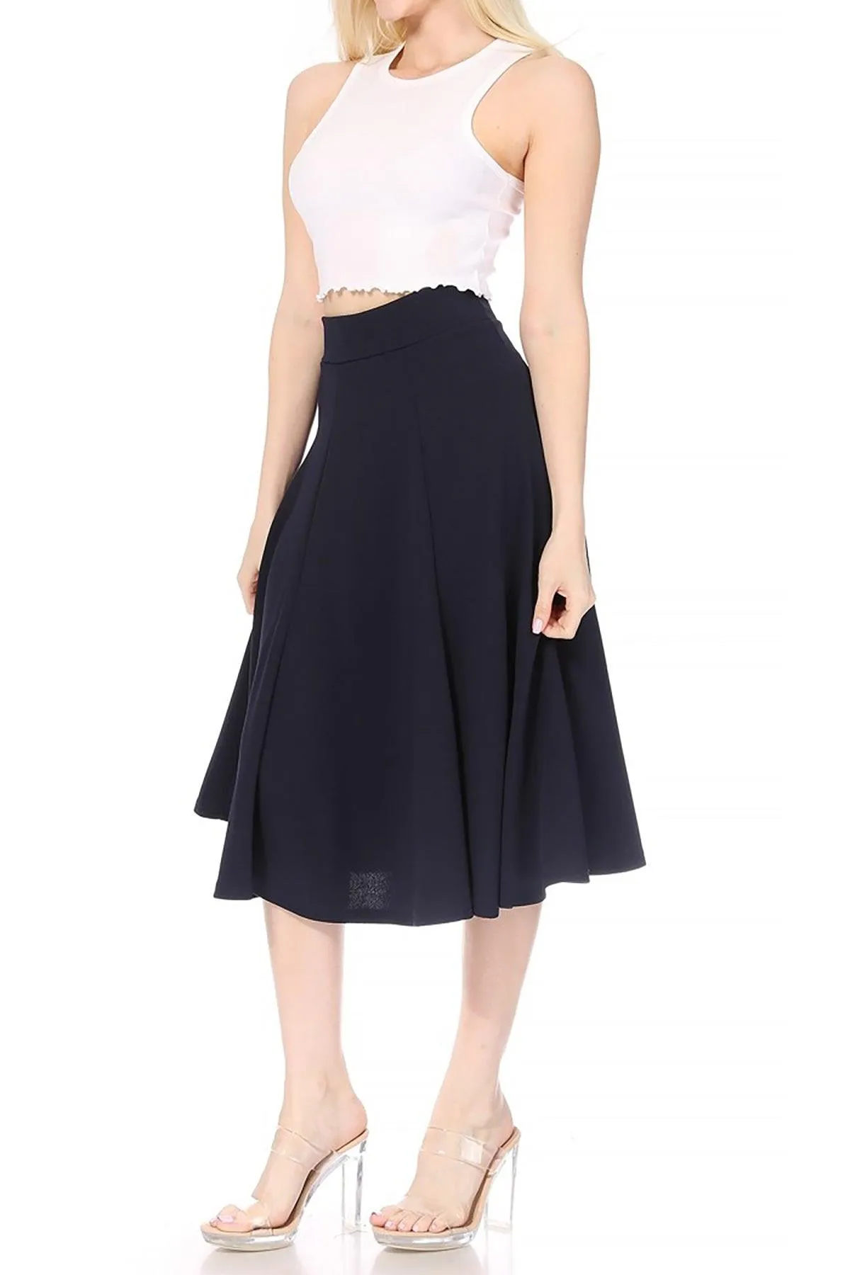 Women's Solid Flared Lightweight Elastic High Waist Long Midi A-line Skirt