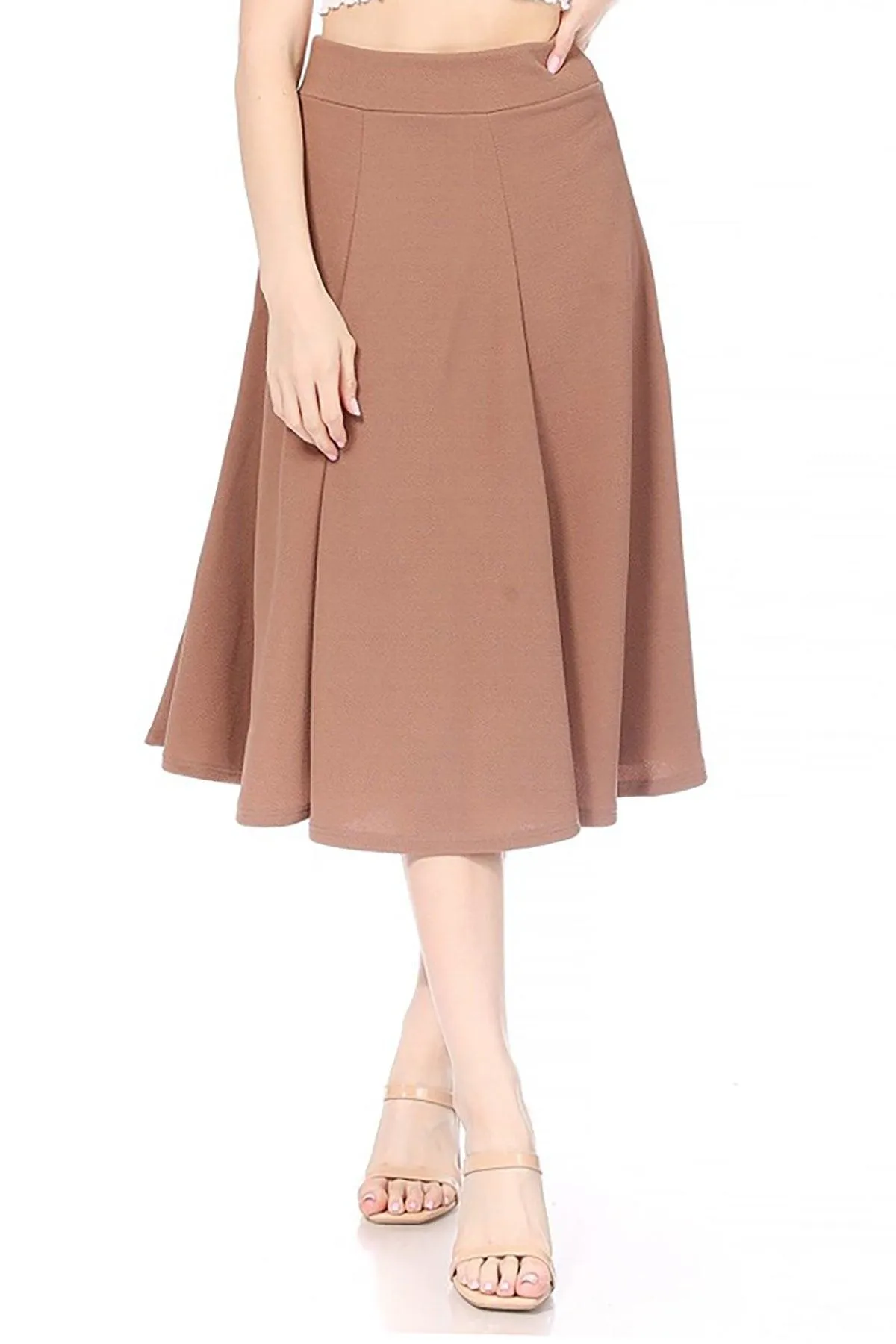 Women's Solid Flared Lightweight Elastic High Waist Long Midi A-line Skirt