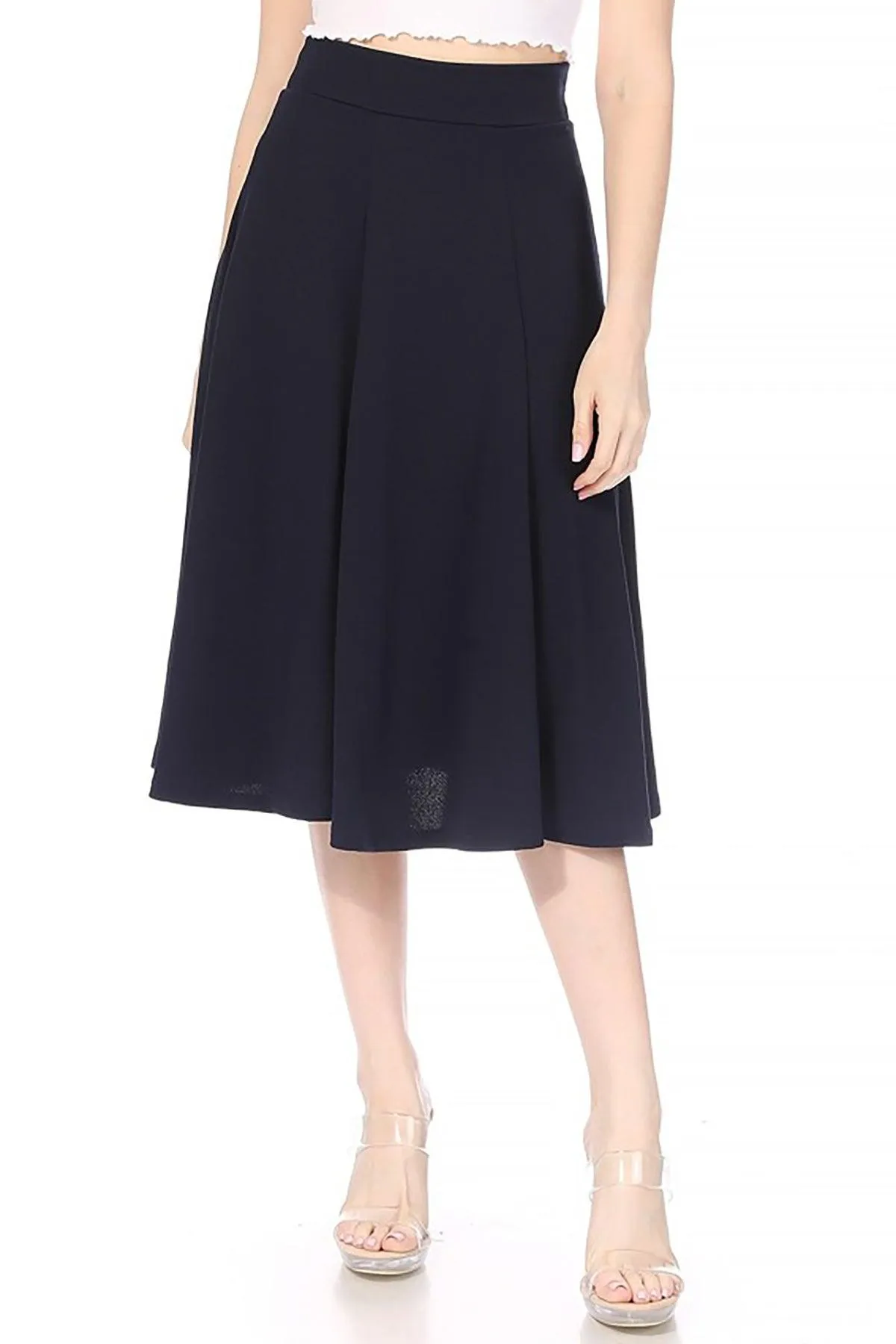 Women's Solid Flared Lightweight Elastic High Waist Long Midi A-line Skirt