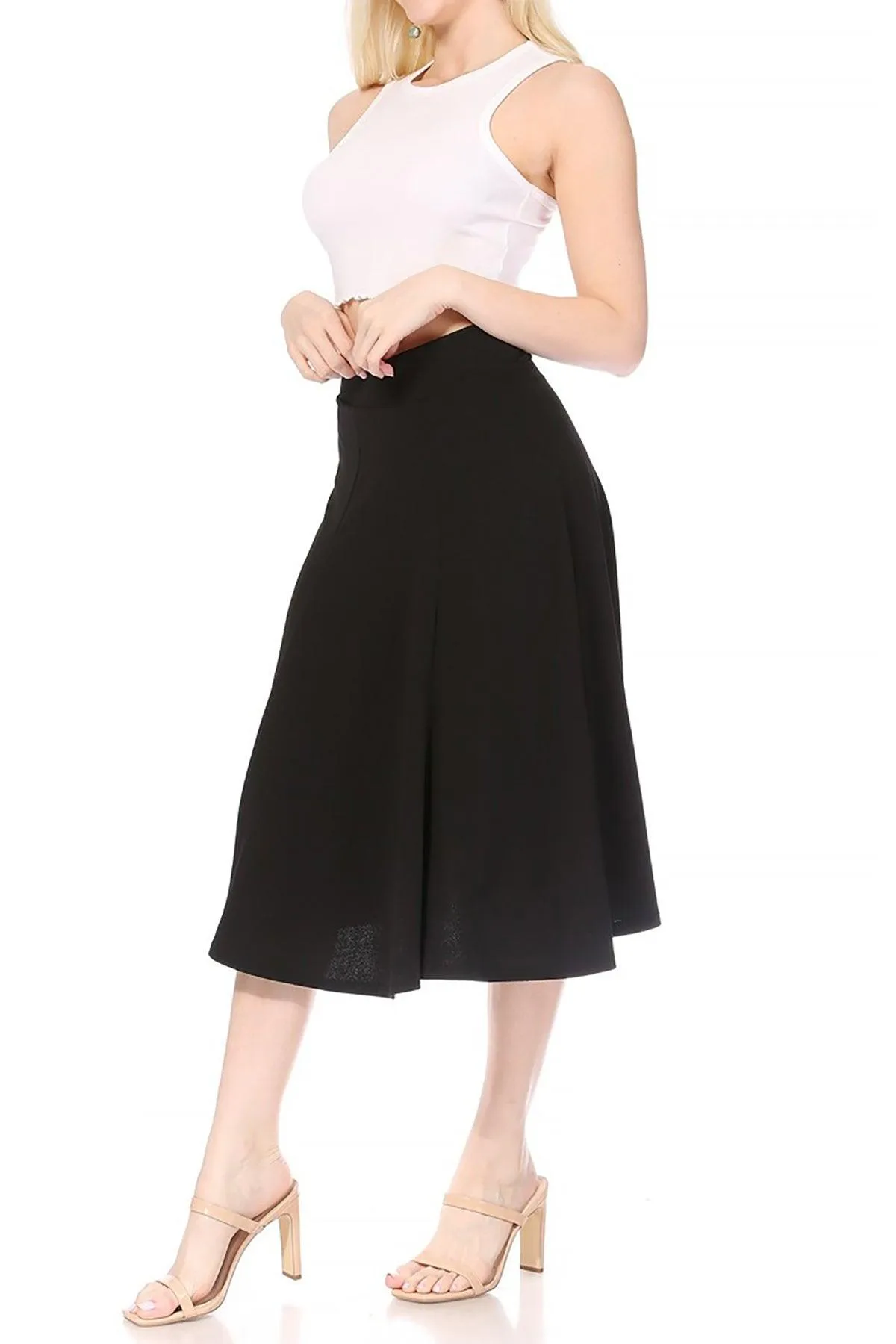 Women's Solid Flared Lightweight Elastic High Waist Long Midi A-line Skirt