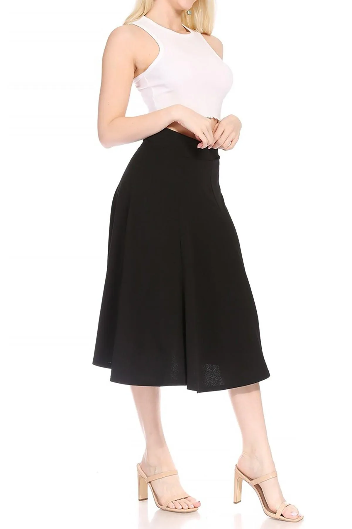 Women's Solid Flared Lightweight Elastic Long Midi A-line Skirt